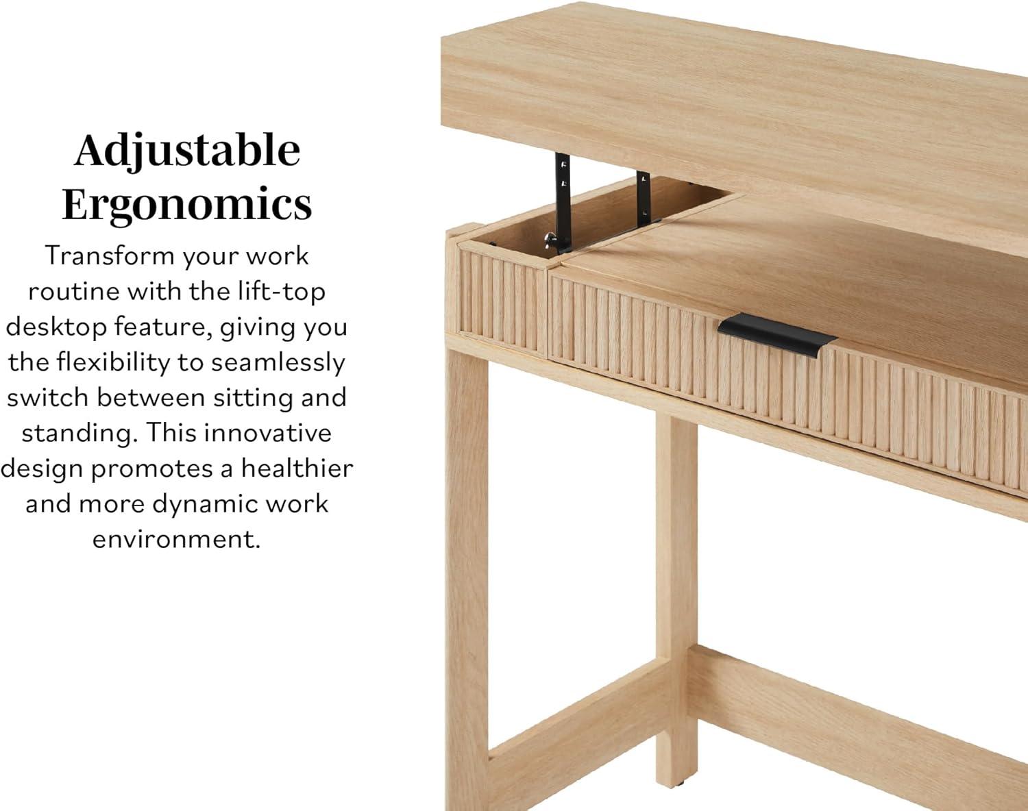 imageWALKER EDISON Transitional Style Furniture Reeded Detail LiftTop Desk with Drawer and Storage Cubby Sitting to Standing Desk Soft SelfClose Desktop 38W x 1675D x 30H Coastal OakCoastal Oak