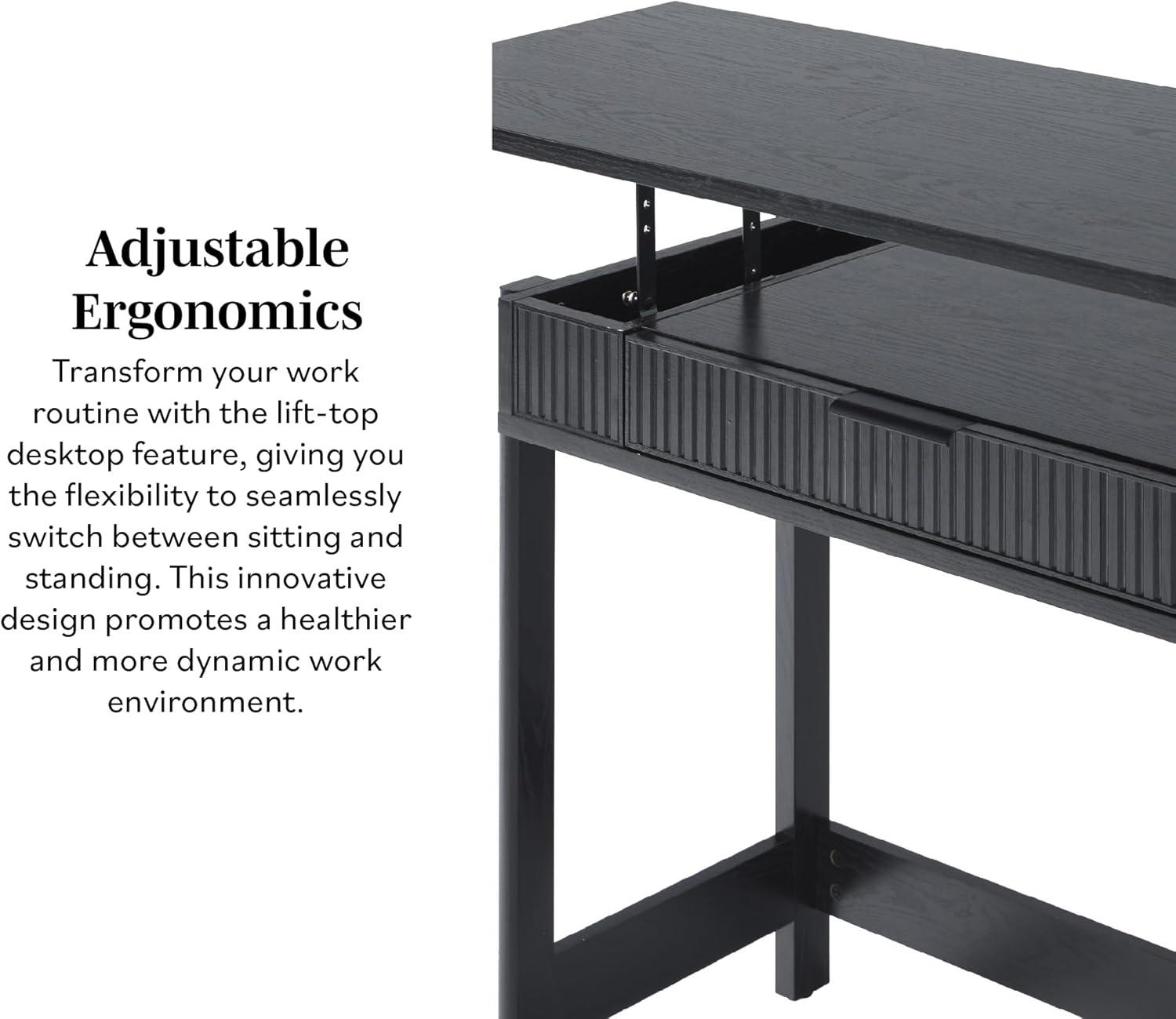 imageWALKER EDISON Transitional Style Furniture Reeded Detail LiftTop Desk with Drawer and Storage Cubby Sitting to Standing Desk Soft SelfClose Desktop 38W x 1675D x 30H Coastal OakBlack