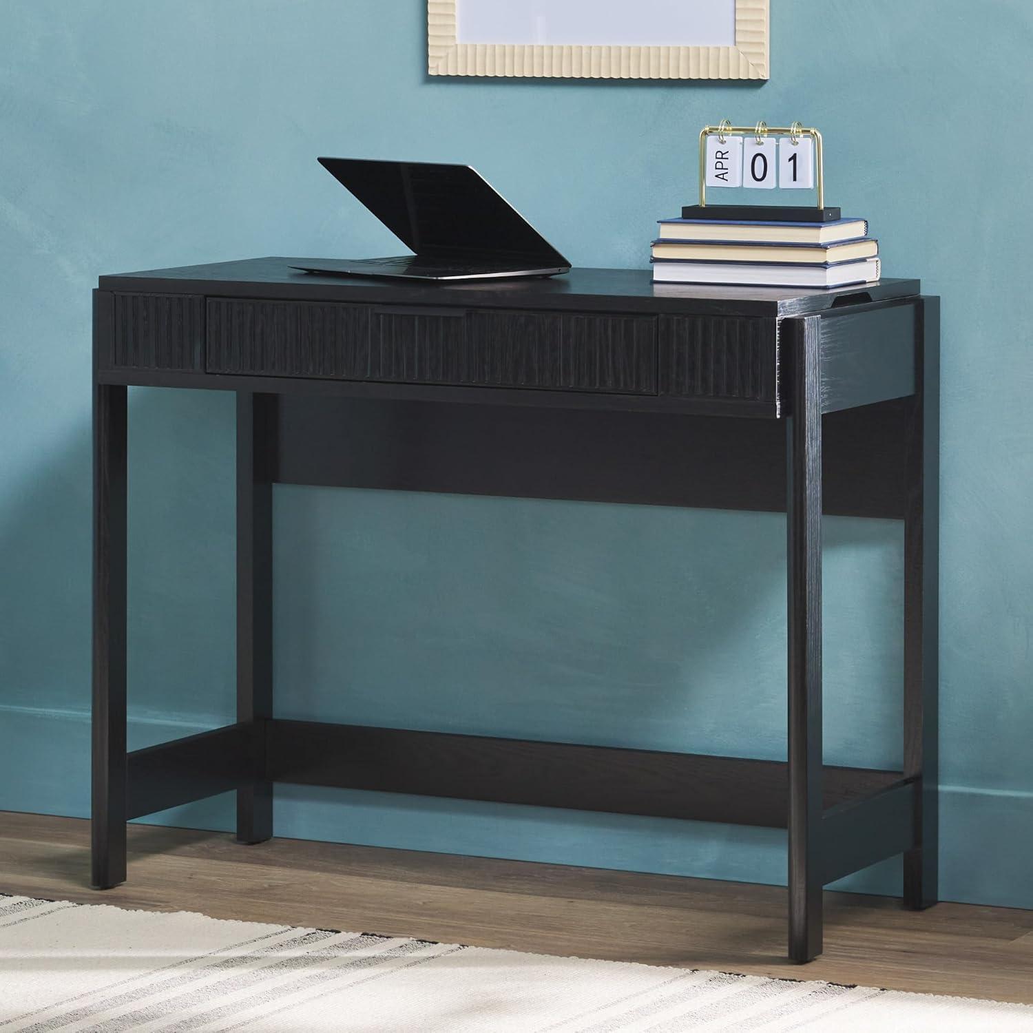 imageWALKER EDISON Transitional Style Furniture Reeded Detail LiftTop Desk with Drawer and Storage Cubby Sitting to Standing Desk Soft SelfClose Desktop 38W x 1675D x 30H Coastal OakBlack