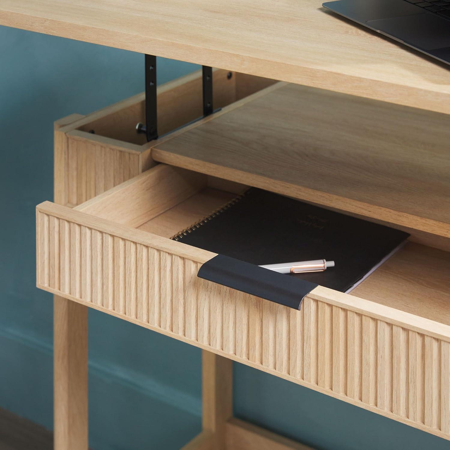 imageWALKER EDISON Transitional Style Furniture Reeded Detail LiftTop Desk with Drawer and Storage Cubby Sitting to Standing Desk Soft SelfClose Desktop 38W x 1675D x 30H Coastal OakCoastal Oak