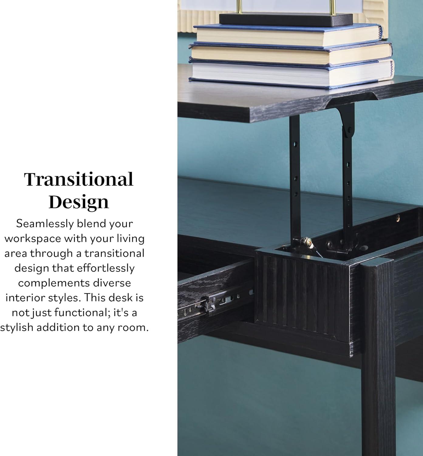 imageWALKER EDISON Transitional Style Furniture Reeded Detail LiftTop Desk with Drawer and Storage Cubby Sitting to Standing Desk Soft SelfClose Desktop 38W x 1675D x 30H Coastal OakBlack