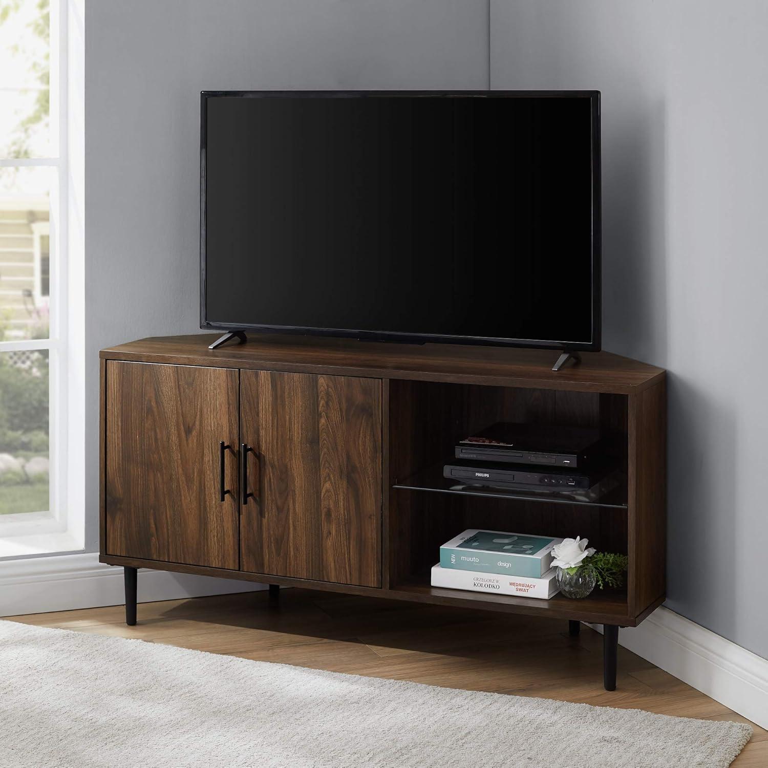 imageWalker Edison 2 Door Glass Shelf Corner Stand Console fits TVs up to 55quot 48 Dark Walnut