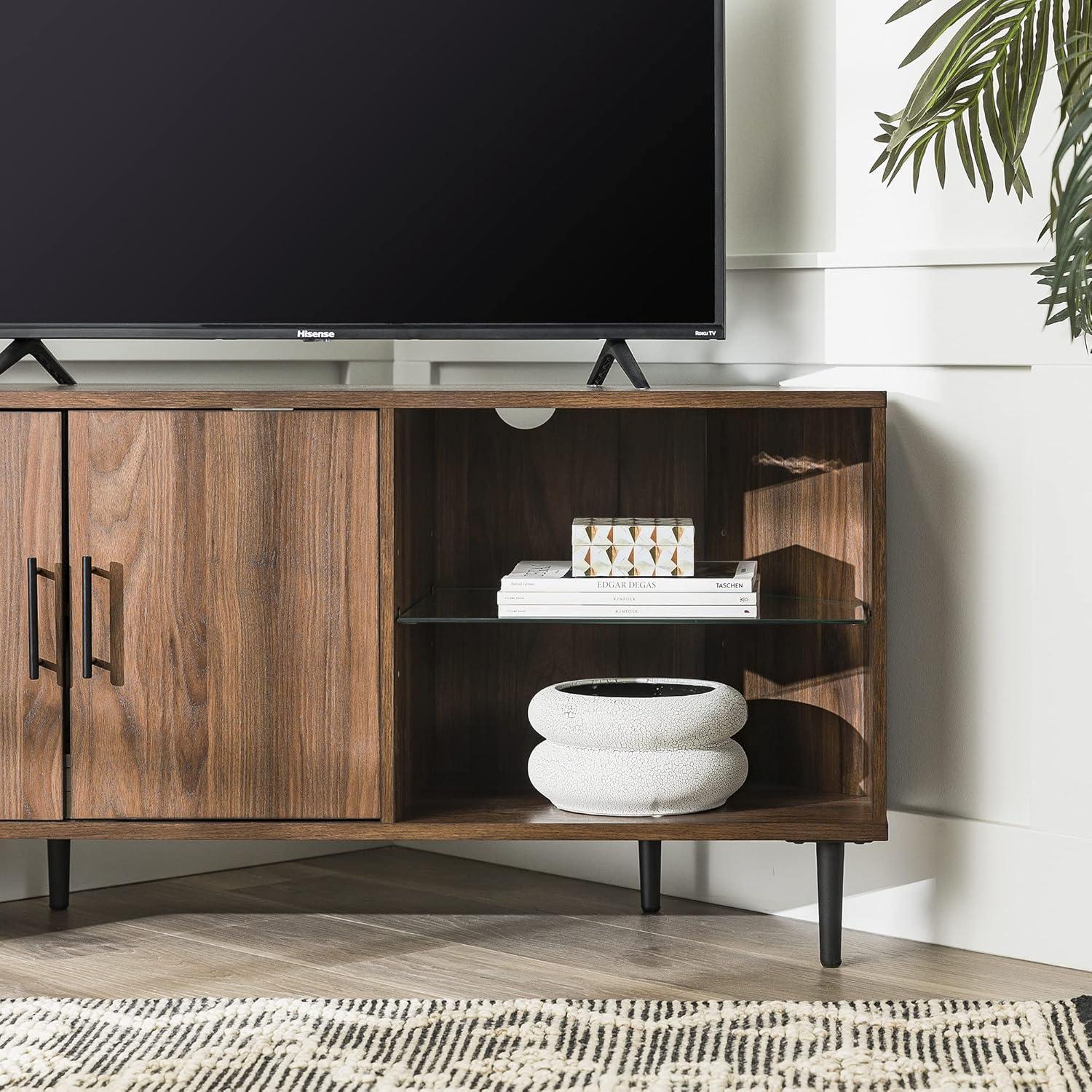 imageWalker Edison 2 Door Glass Shelf Corner Stand Console fits TVs up to 55quot 48 Dark Walnut