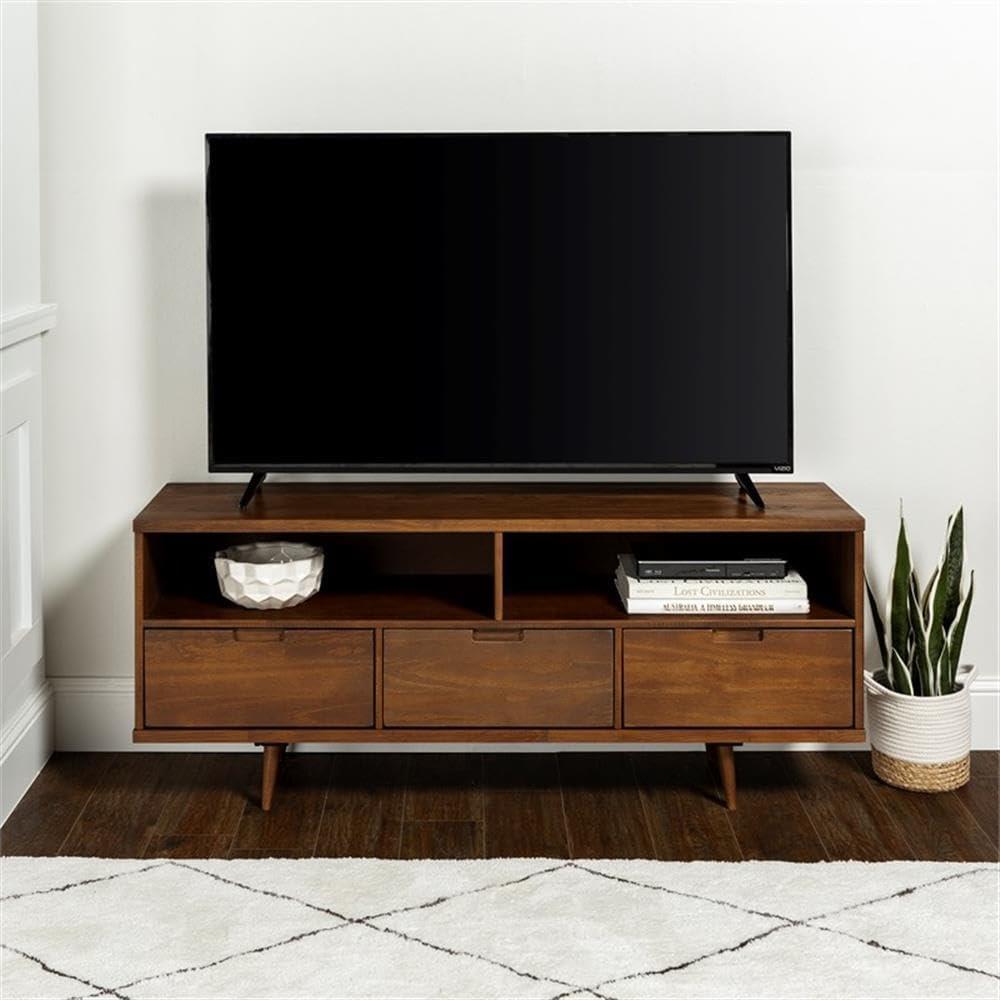 imageWalker Edison 3Drawer Mid Century Modern Wood TV Stand for TVs up to 65quot Flat Screen Cabinet Door Living Room Storage Entertainment Center 58 Inch CaramelWalnut