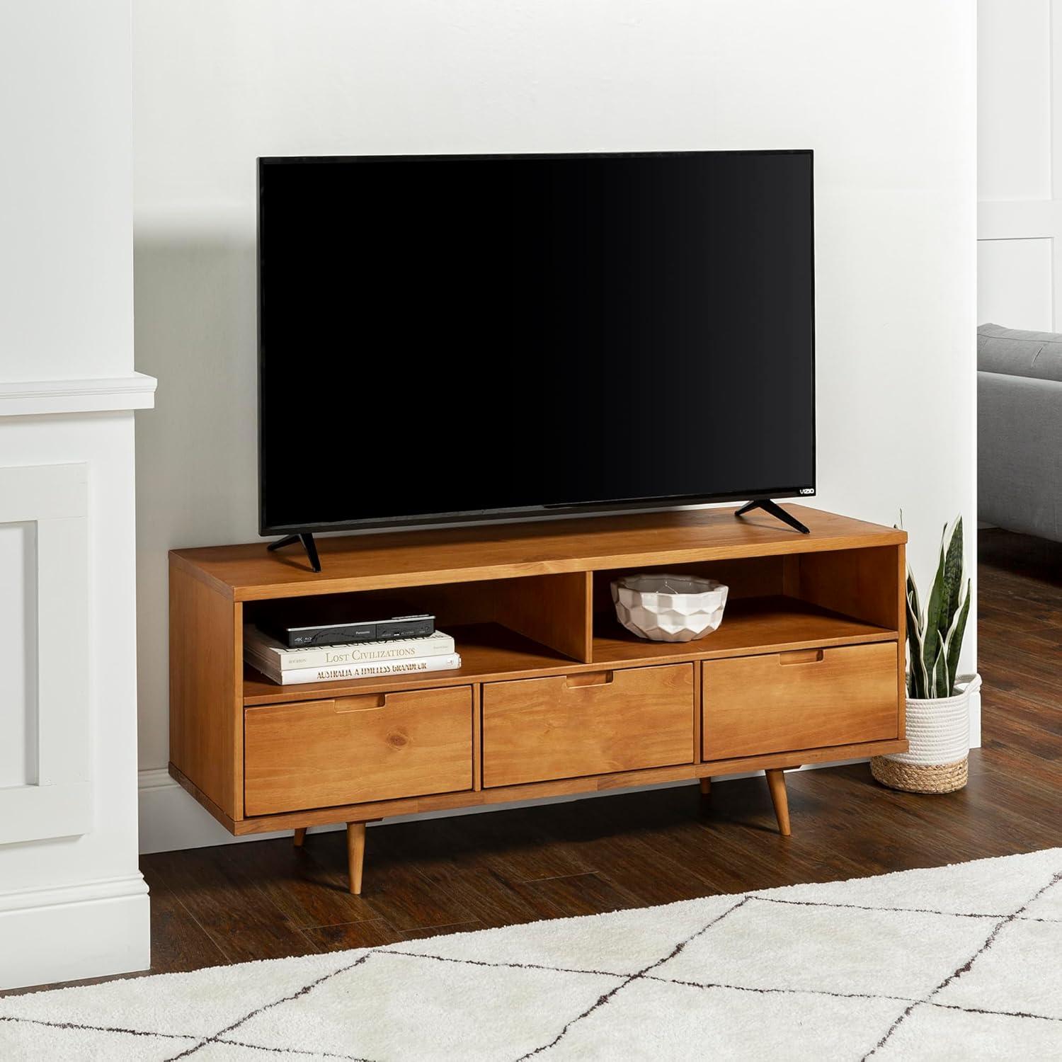 imageWalker Edison 3Drawer Mid Century Modern Wood TV Stand for TVs up to 65quot Flat Screen Cabinet Door Living Room Storage Entertainment Center 58 Inch CaramelCaramel