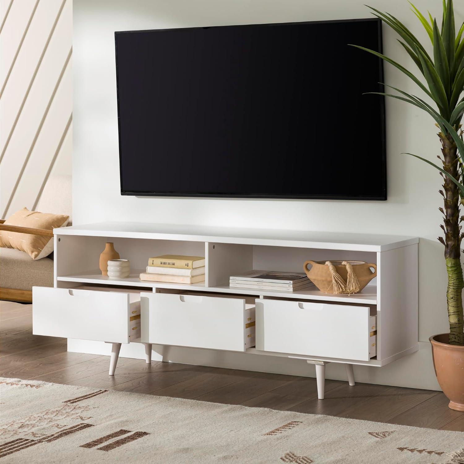 imageWalker Edison 3Drawer Mid Century Modern Wood TV Stand for TVs up to 65quot Flat Screen Cabinet Door Living Room Storage Entertainment Center 58 Inch CaramelWhite
