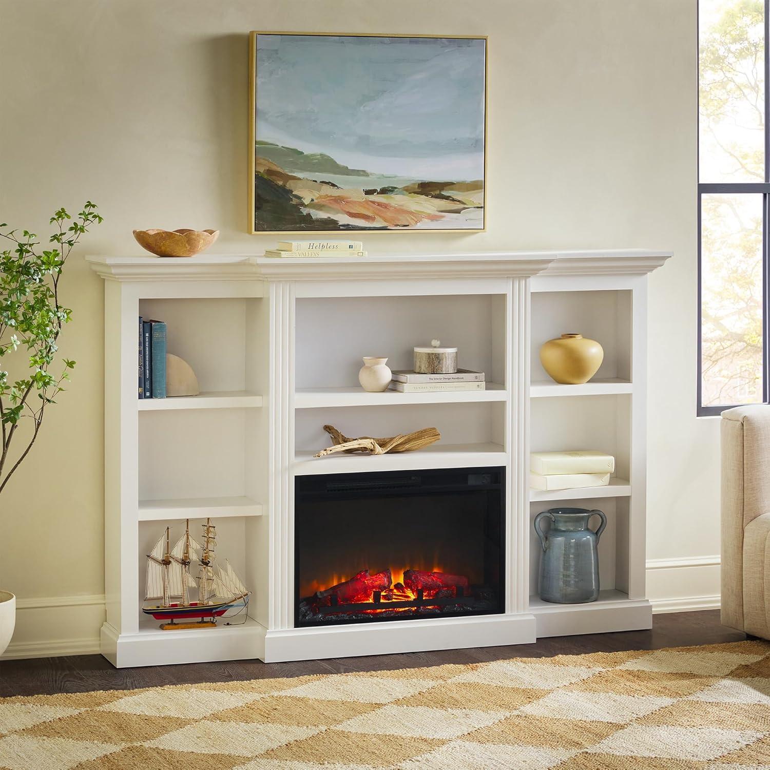 imageWalker Edison 70 Traditional Mantel Fireplace Freestanding Electric Fireplace with Shelves to Display Decor or Books Heats Rooms up to 1000 Square Feet 125quot D x 45quot H BrownWhite
