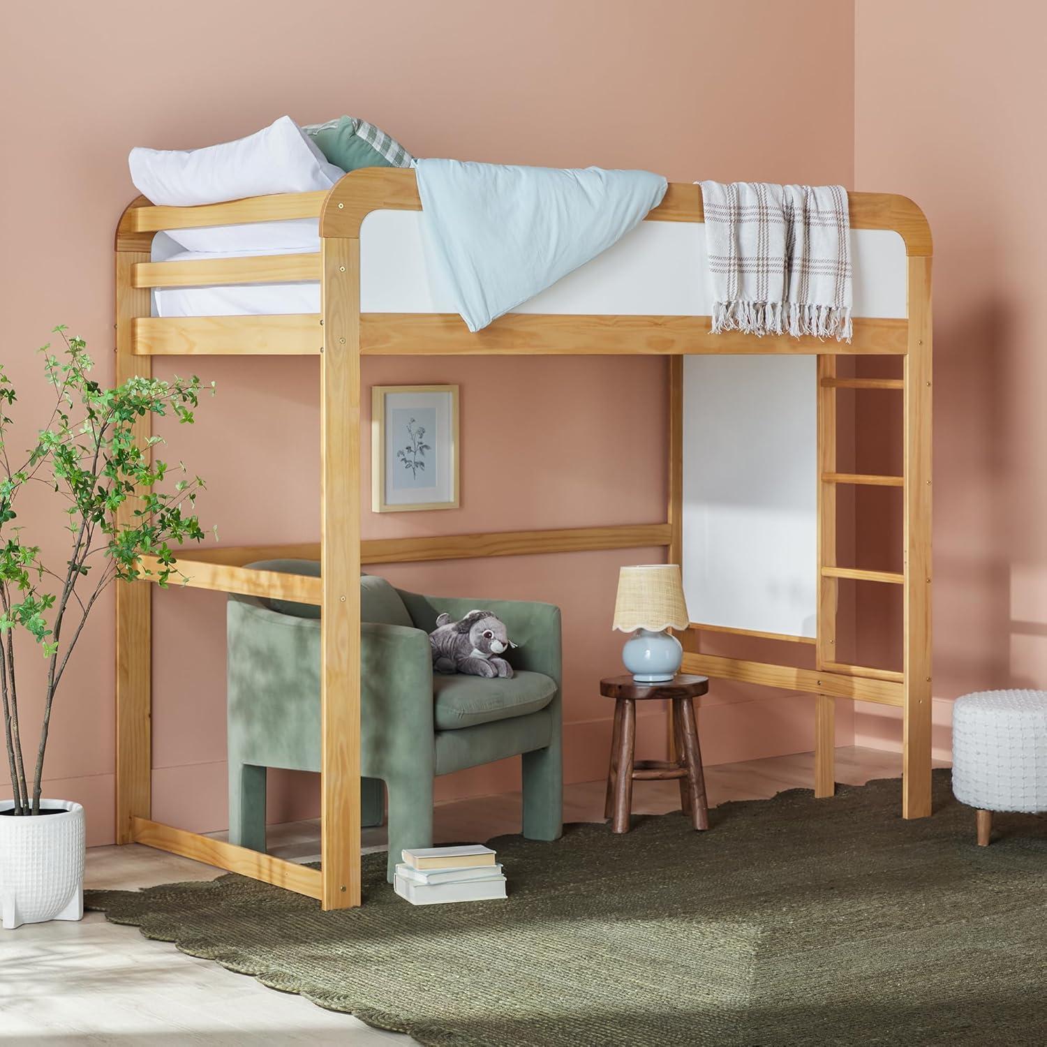 imageWalker Edison Adyn Kids Twin Solid Wood Loft Bed Builtin Ladder and White Board No Box Spring Required WalnutNatural Pine