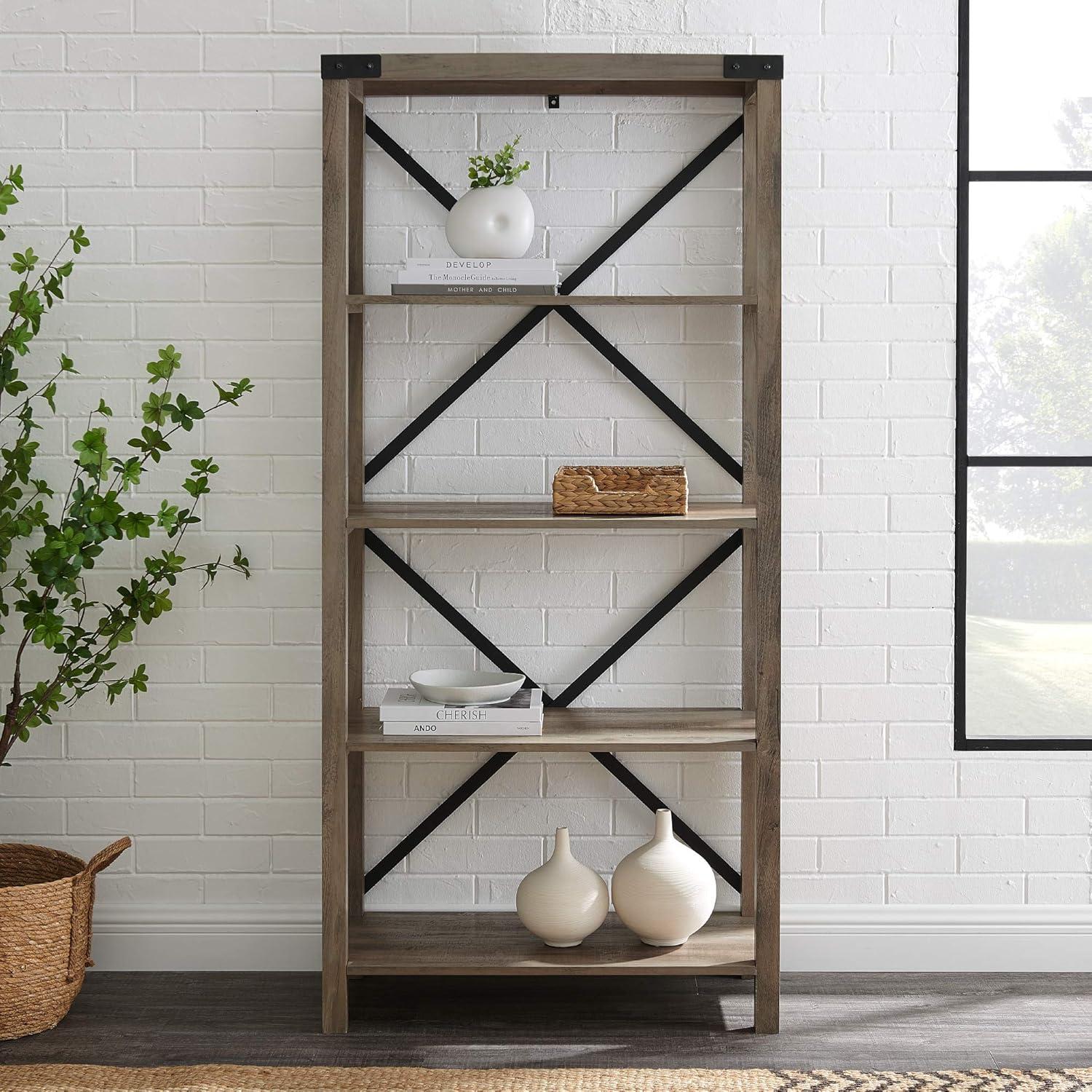 imageWalker Edison Andersen Urban Industrial Metal X Back 4 tier Bookshelf 64 Inch Grey WashGrey Wash