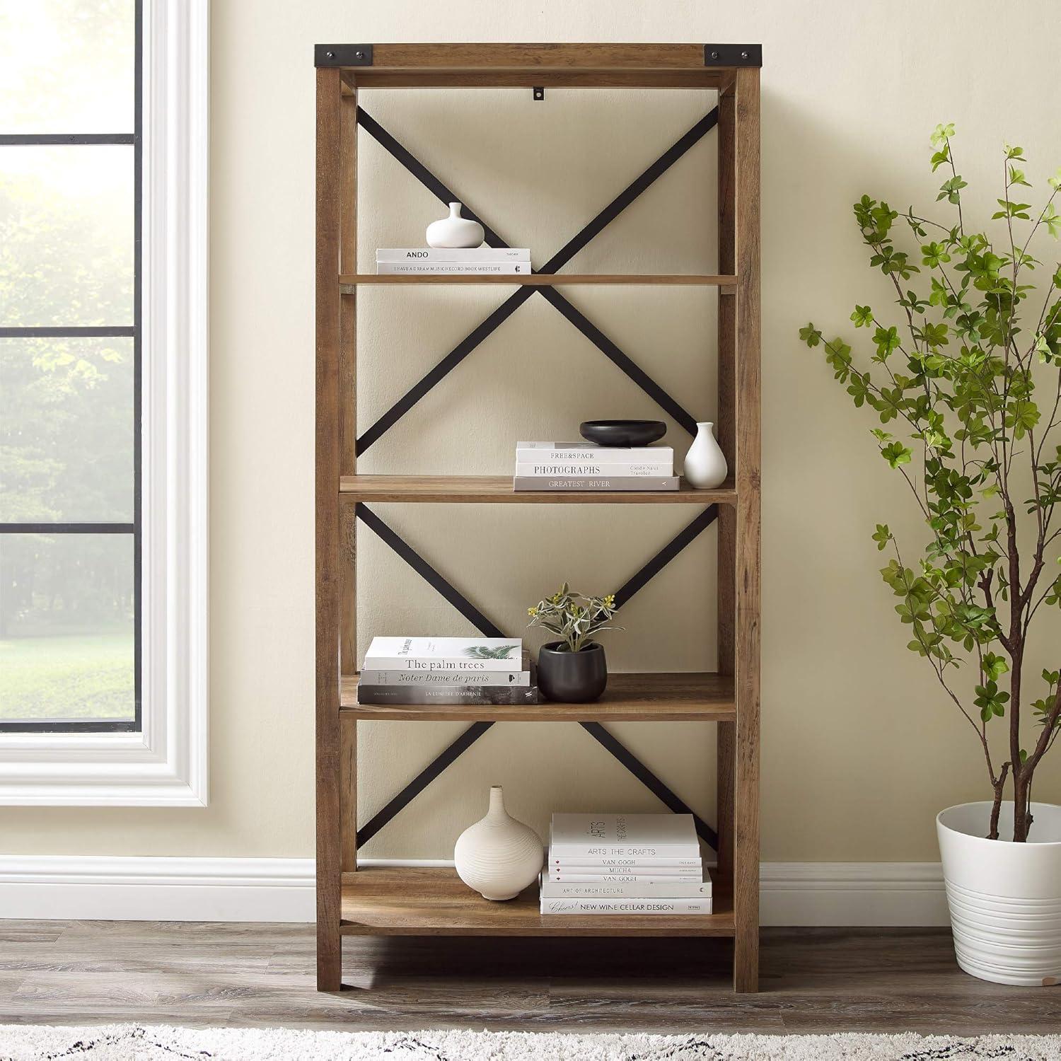 imageWalker Edison Andersen Urban Industrial Metal X Back 4 tier Bookshelf 64 Inch Grey WashRustic Oak