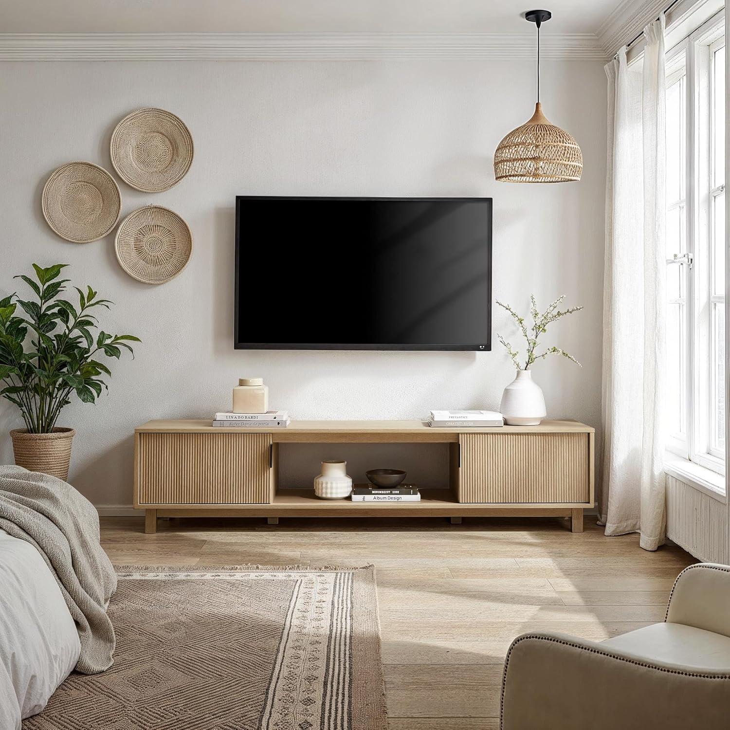 imageWalker Edison Arundo Fluted TV Stand for TVs up to 65 Inches 58quot TV Stand MochaCoastal Oak