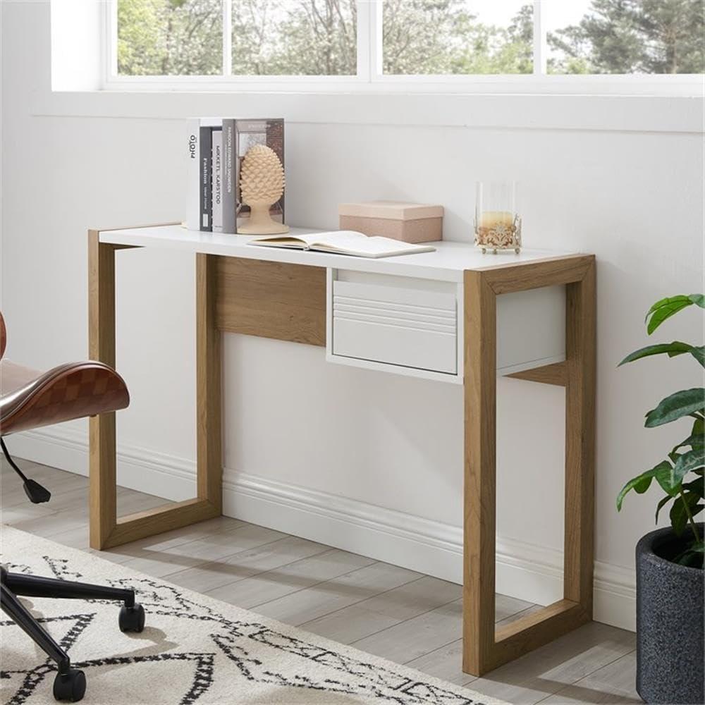 imageWalker Edison Ashton Modern Home Office Laptop Study Writing Desk with Drawer 46 Inch WhiteEnglish OakWhiteEnglish Oak