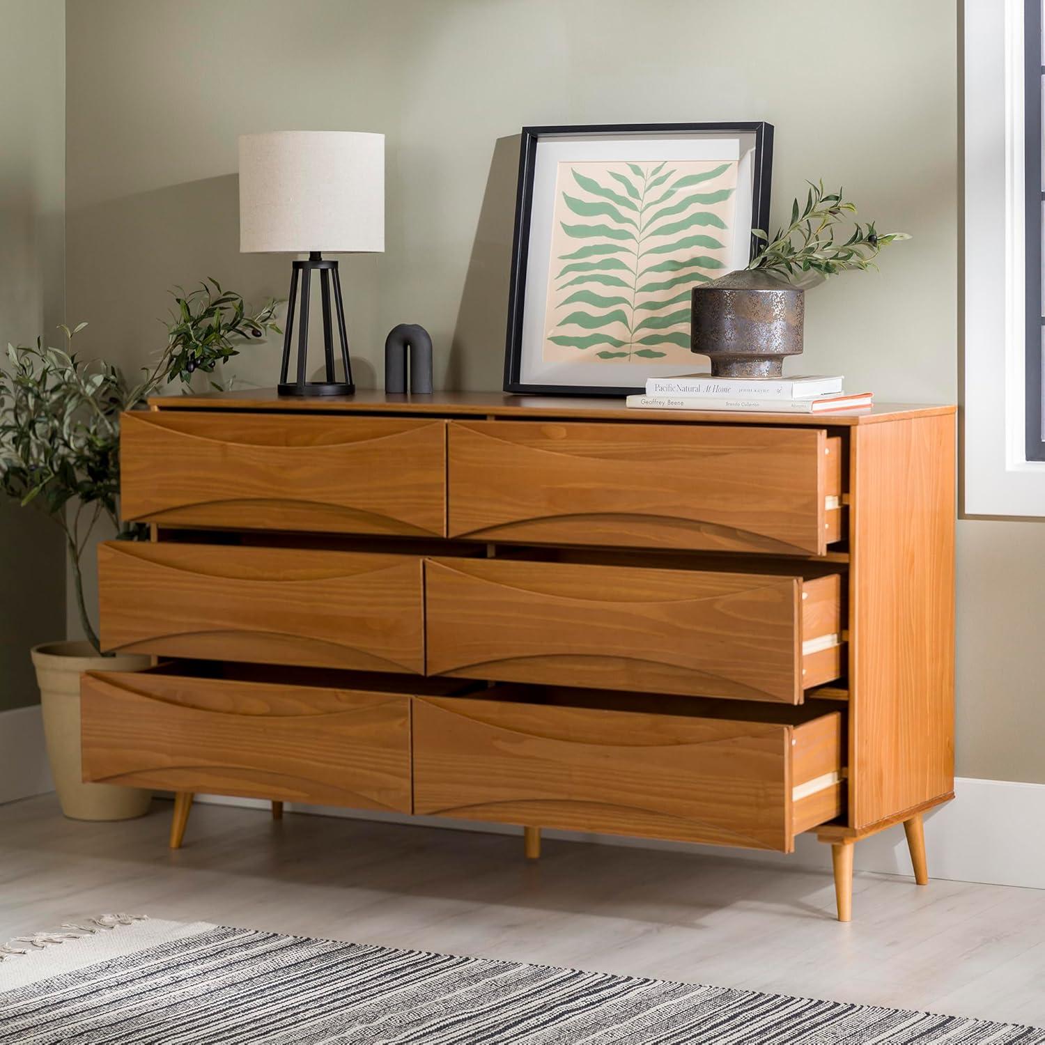 imageWalker Edison Atticus MidCentury Modern Detailed 6Drawer Solid Wood Dresser 59 Inch WalnutCaramel