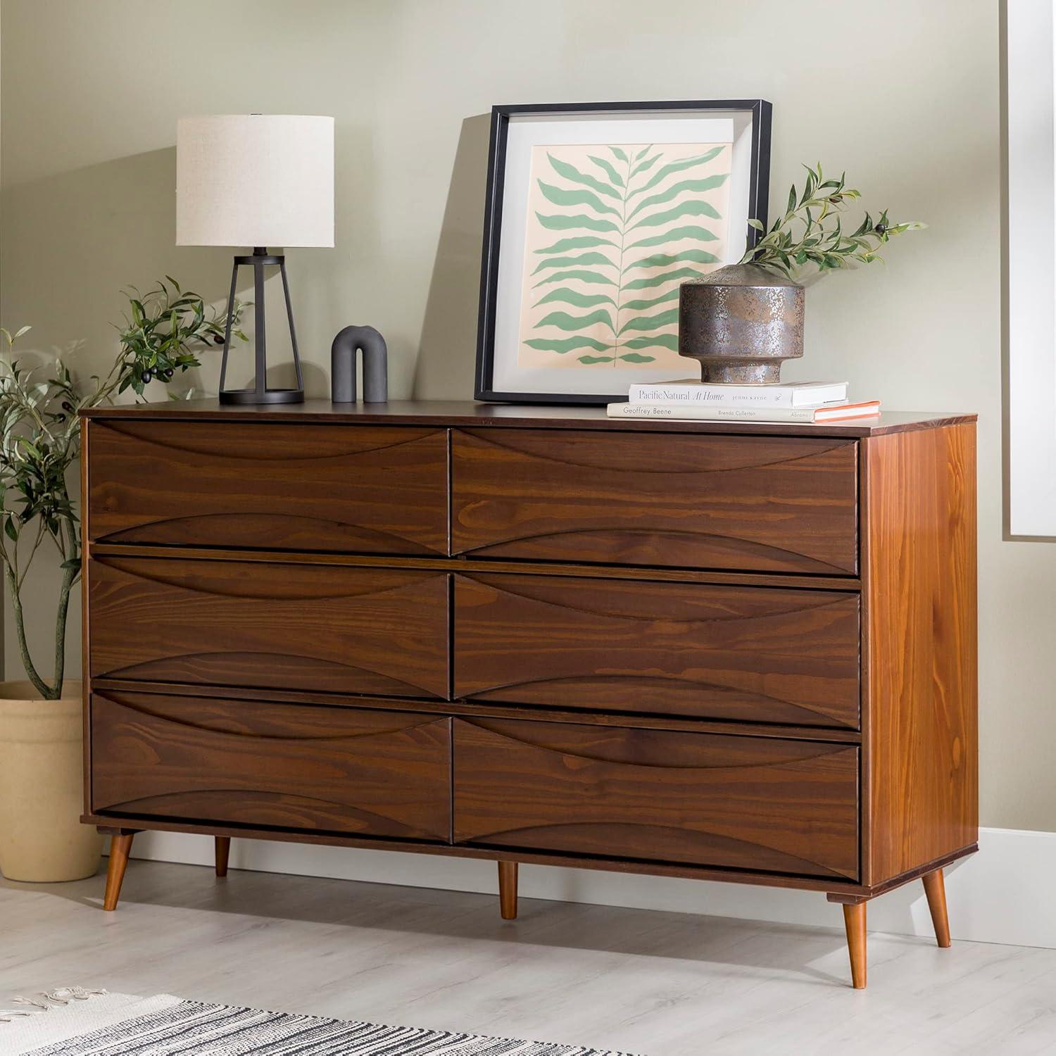 imageWalker Edison Atticus MidCentury Modern Detailed 6Drawer Solid Wood Dresser 59 Inch WalnutWalnut