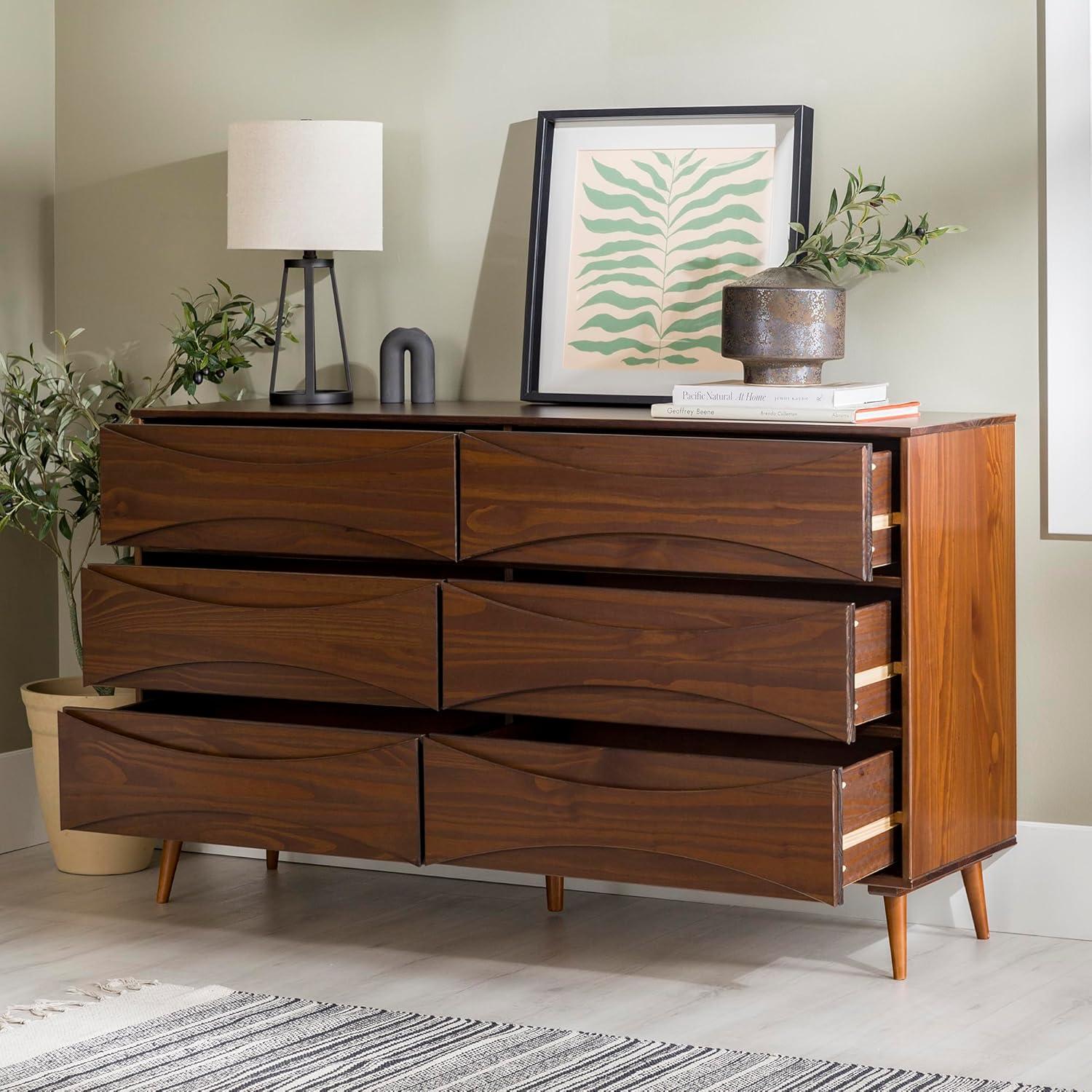 imageWalker Edison Atticus MidCentury Modern Detailed 6Drawer Solid Wood Dresser 59 Inch WalnutWalnut