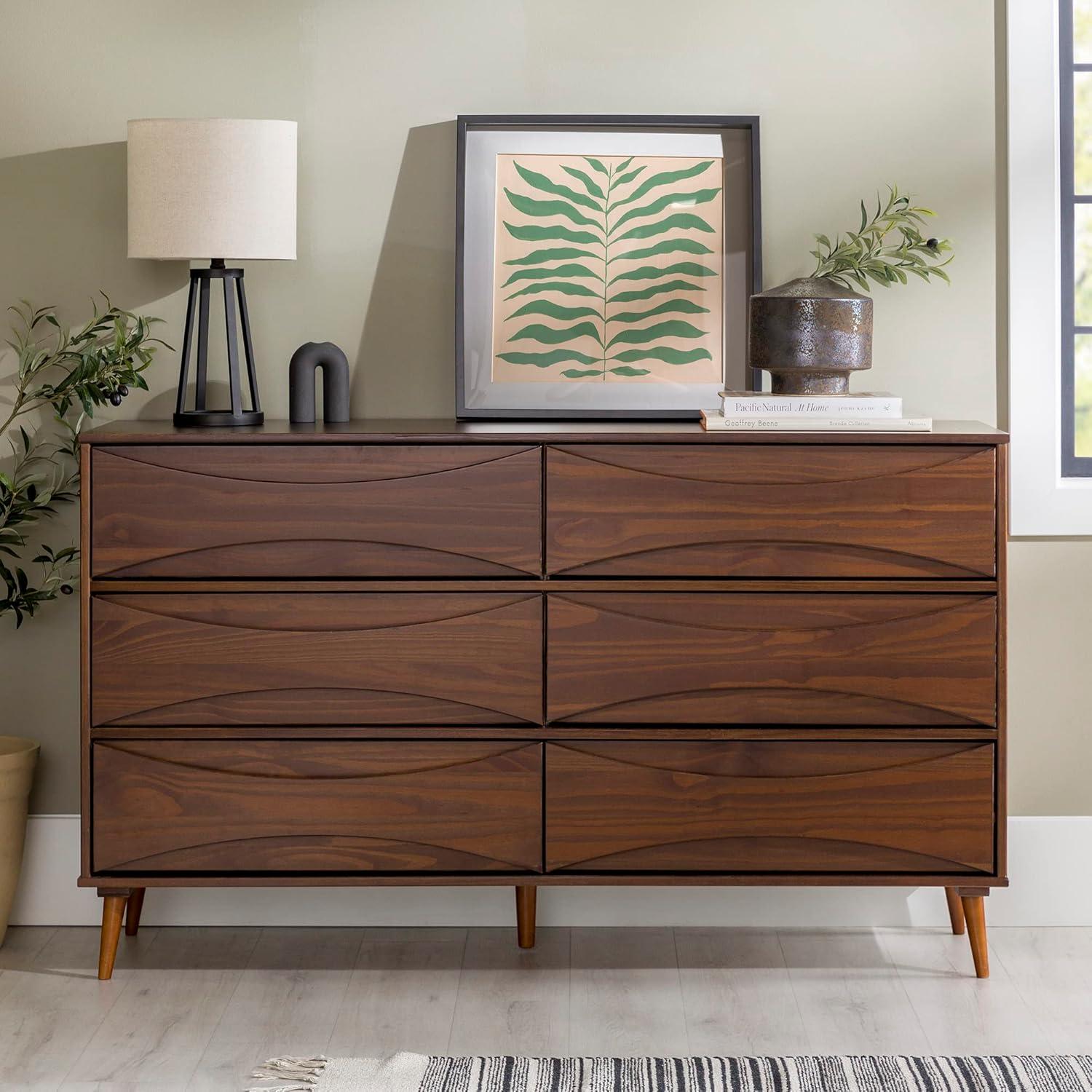 imageWalker Edison Atticus MidCentury Modern Detailed 6Drawer Solid Wood Dresser 59 Inch WalnutWalnut