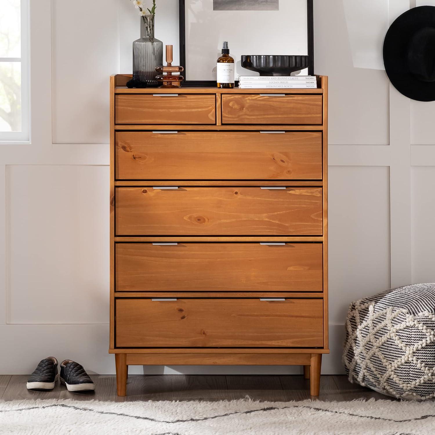 imageWalker Edison Blythe MidCentury Modern TrayTop Solid Wood 6Drawer Dresser 30 Inch CaramelCaramel