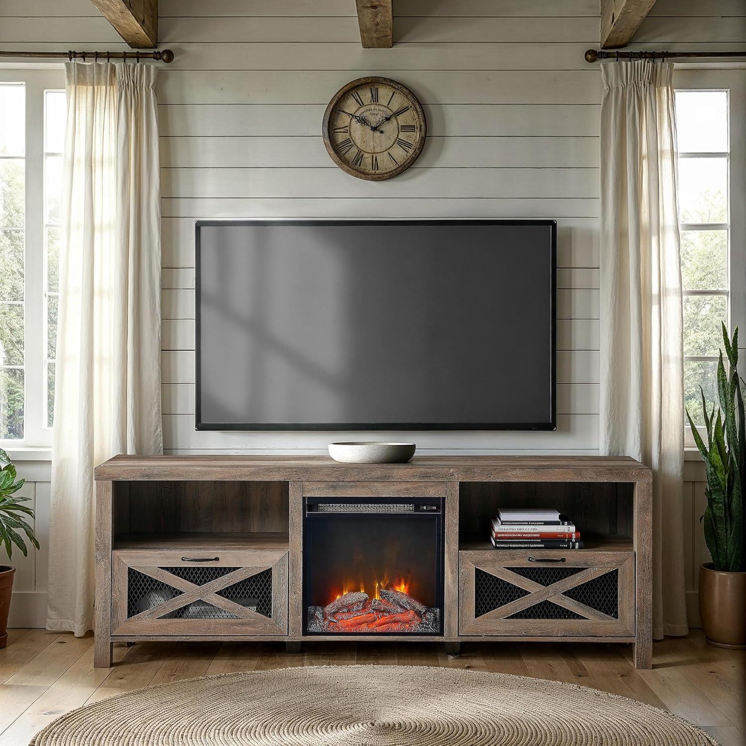 imageWalker Edison Calgary Industrial Farmhouse XDrawer Metal Mesh and Wood Fireplace TV Stand for TVs up to 80 Inches 70 Inch Rustic OakGrey Wash