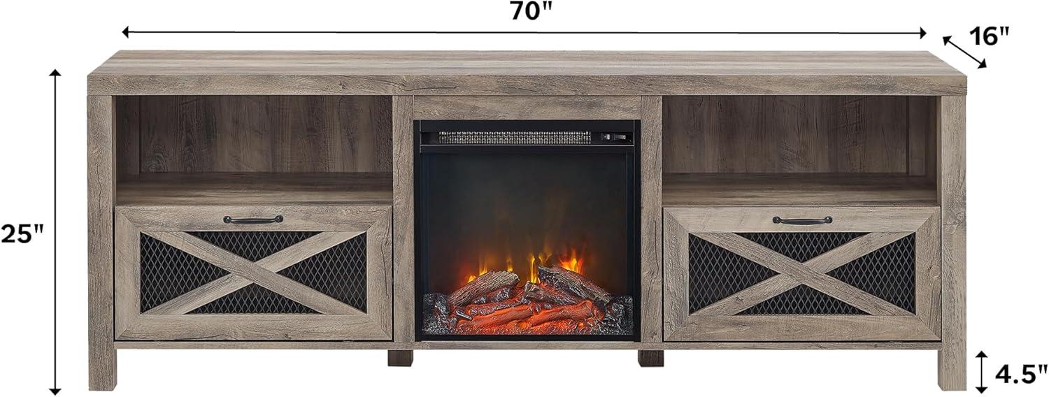 imageWalker Edison Calgary Industrial Farmhouse XDrawer Metal Mesh and Wood Fireplace TV Stand for TVs up to 80 Inches 70 Inch Rustic OakGrey Wash