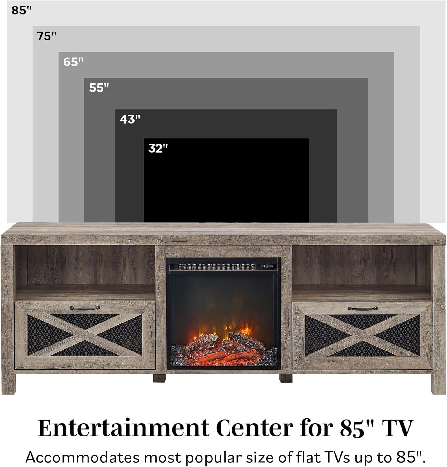 imageWalker Edison Calgary Industrial Farmhouse XDrawer Metal Mesh and Wood Fireplace TV Stand for TVs up to 80 Inches 70 Inch Rustic OakGrey Wash