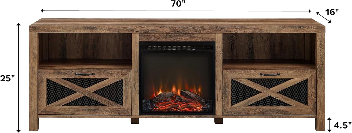 imageWalker Edison Calgary Industrial Farmhouse XDrawer Metal Mesh and Wood Fireplace TV Stand for TVs up to 80 Inches 70 Inch Rustic OakRustic Oak