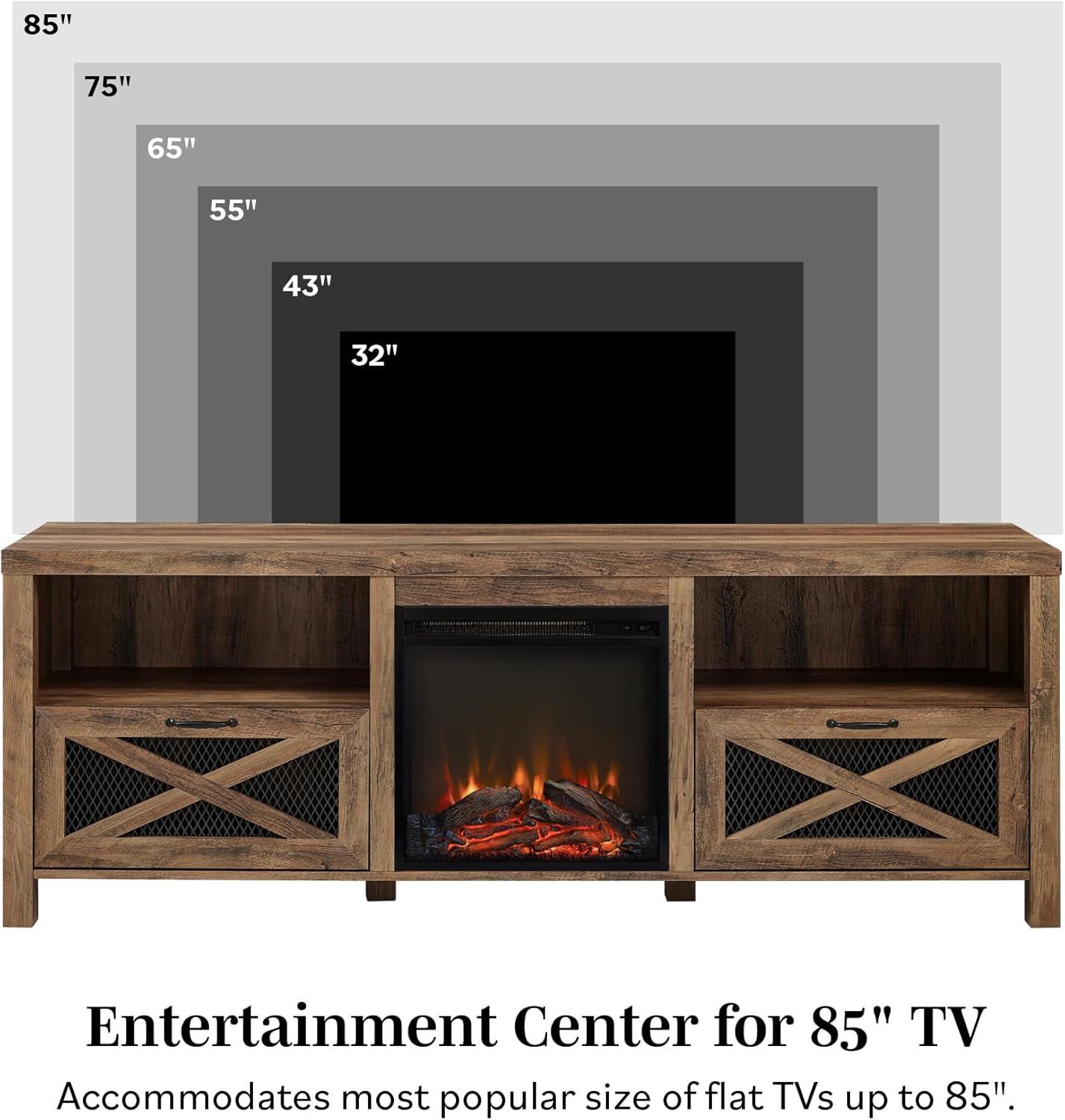 imageWalker Edison Calgary Industrial Farmhouse XDrawer Metal Mesh and Wood Fireplace TV Stand for TVs up to 80 Inches 70 Inch Rustic OakRustic Oak