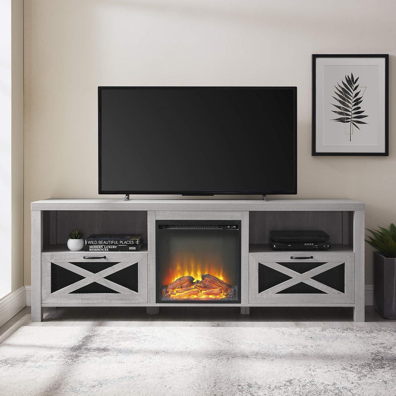 imageWalker Edison Calgary Industrial Farmhouse XDrawer Metal Mesh and Wood Fireplace TV Stand for TVs up to 80 Inches 70 Inch Rustic OakStone Grey