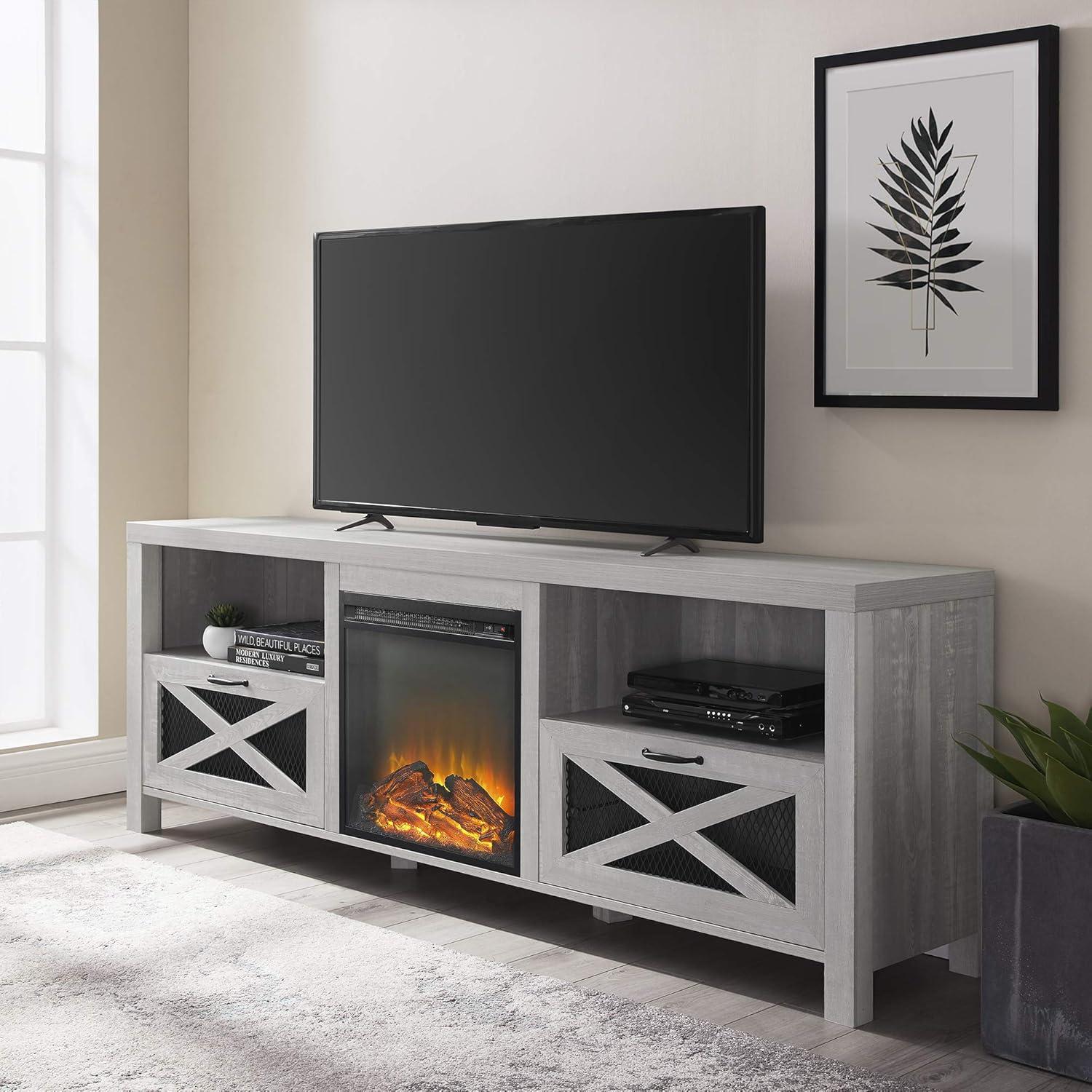 imageWalker Edison Calgary Industrial Farmhouse XDrawer Metal Mesh and Wood Fireplace TV Stand for TVs up to 80 Inches 70 Inch Rustic OakStone Grey