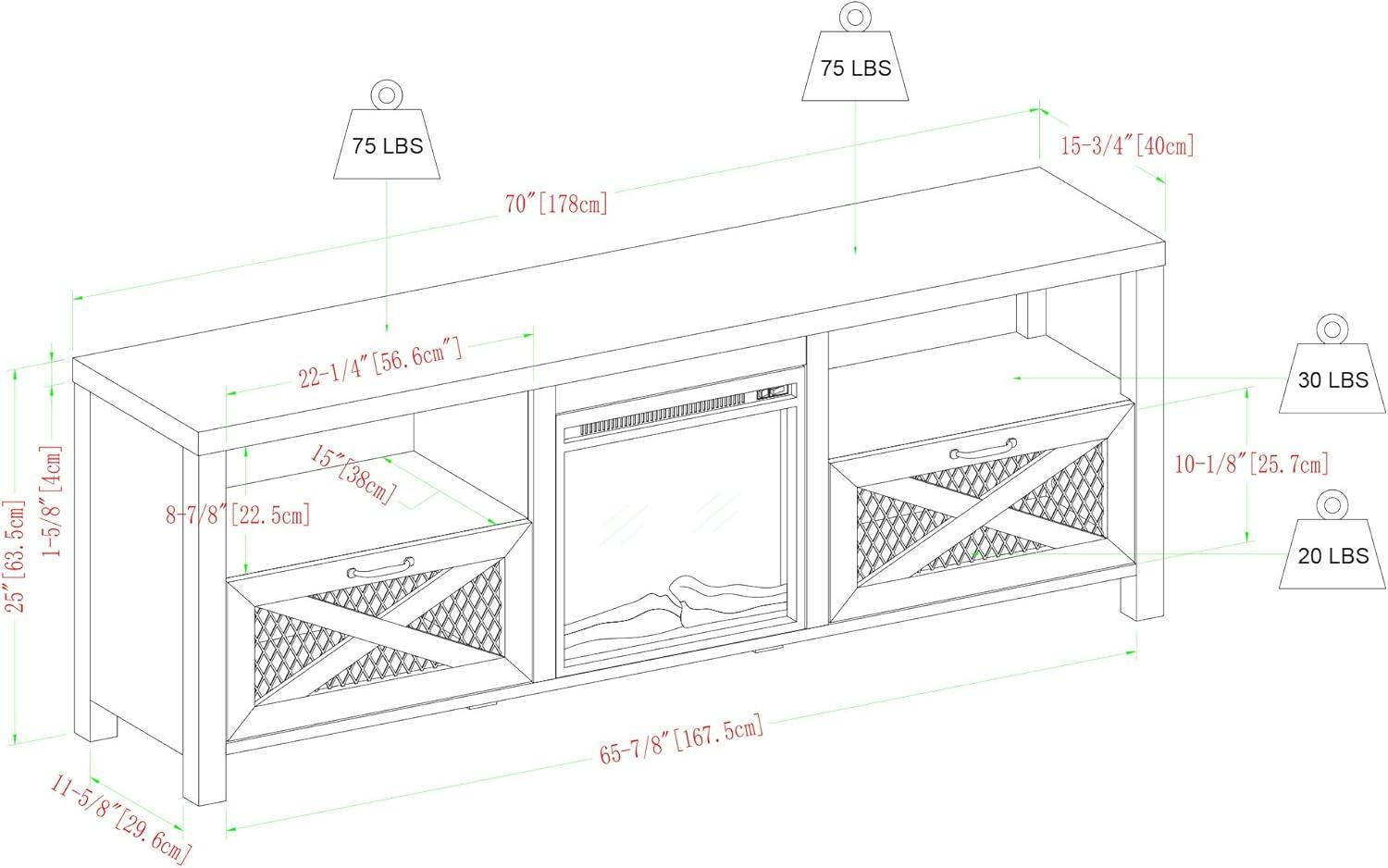 imageWalker Edison Calgary Industrial Farmhouse XDrawer Metal Mesh and Wood Fireplace TV Stand for TVs up to 80 Inches 70 Inch Rustic OakStone Grey