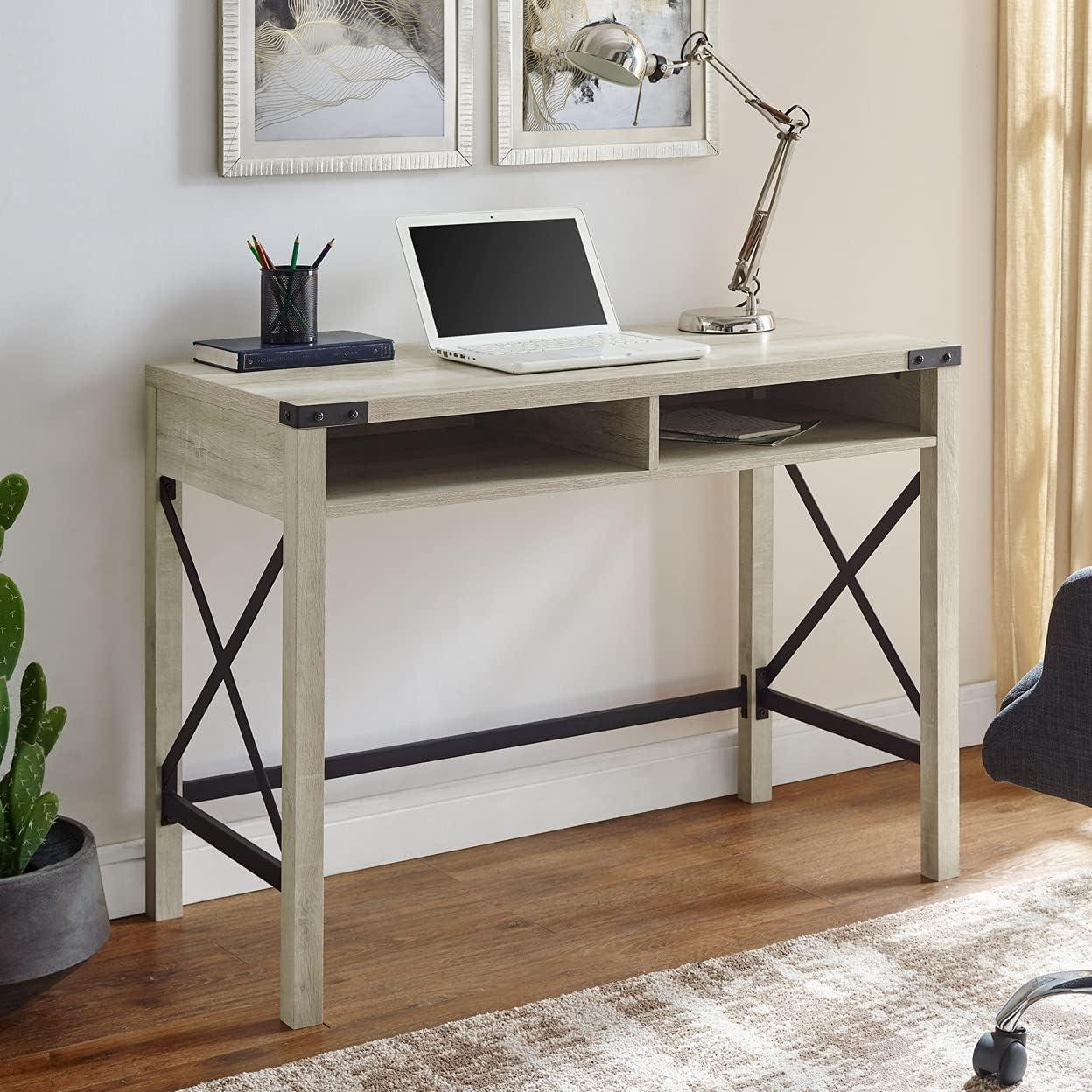 imageWalker Edison Callum Modern Farmhouse Metal X Writing Desk 42 Inch Grey WashWhite Oak