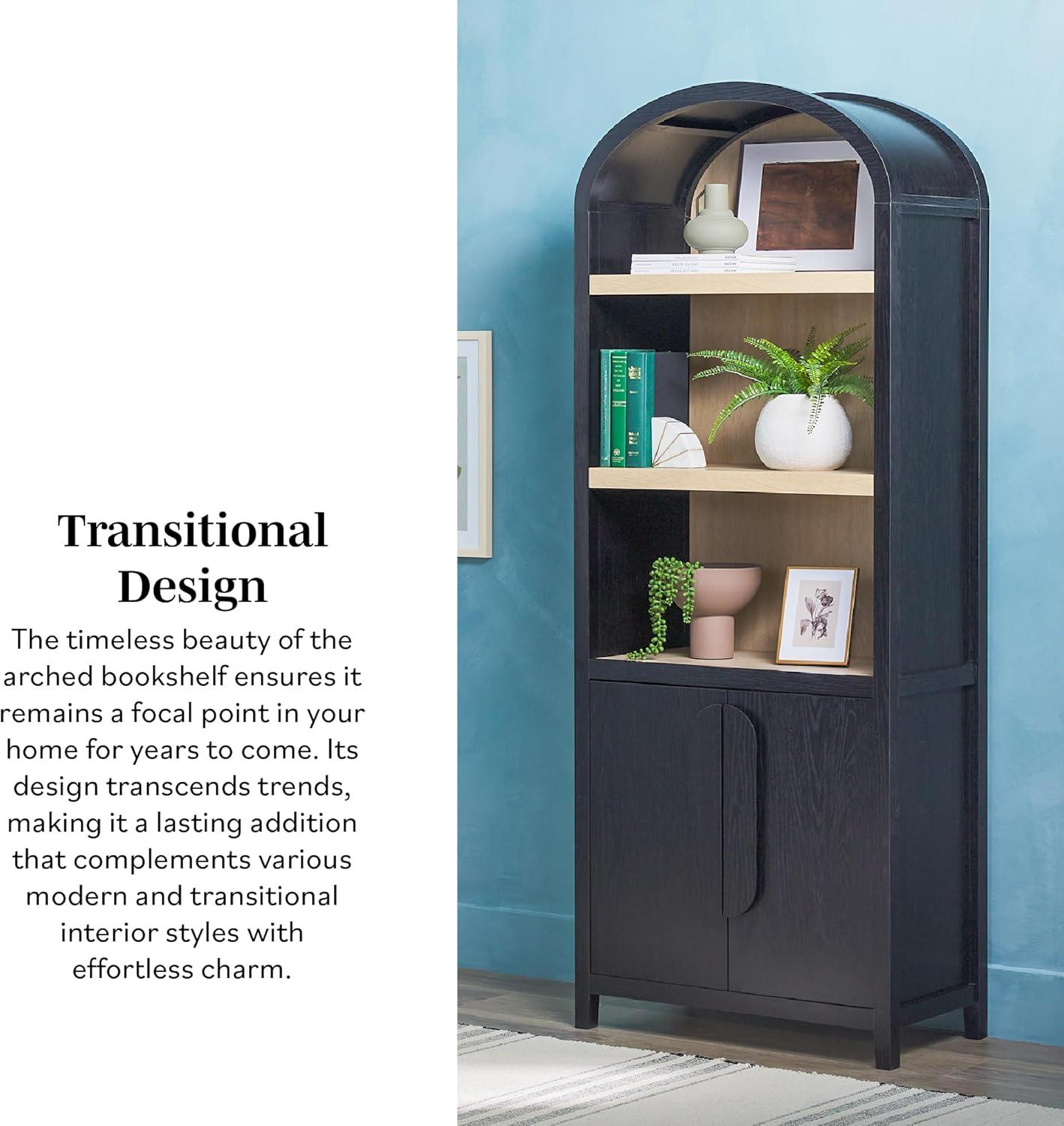 imageWalker Edison Chantelle Modern Arched Bookcase with Statement Wood Cabinet Pulls BlackBlack