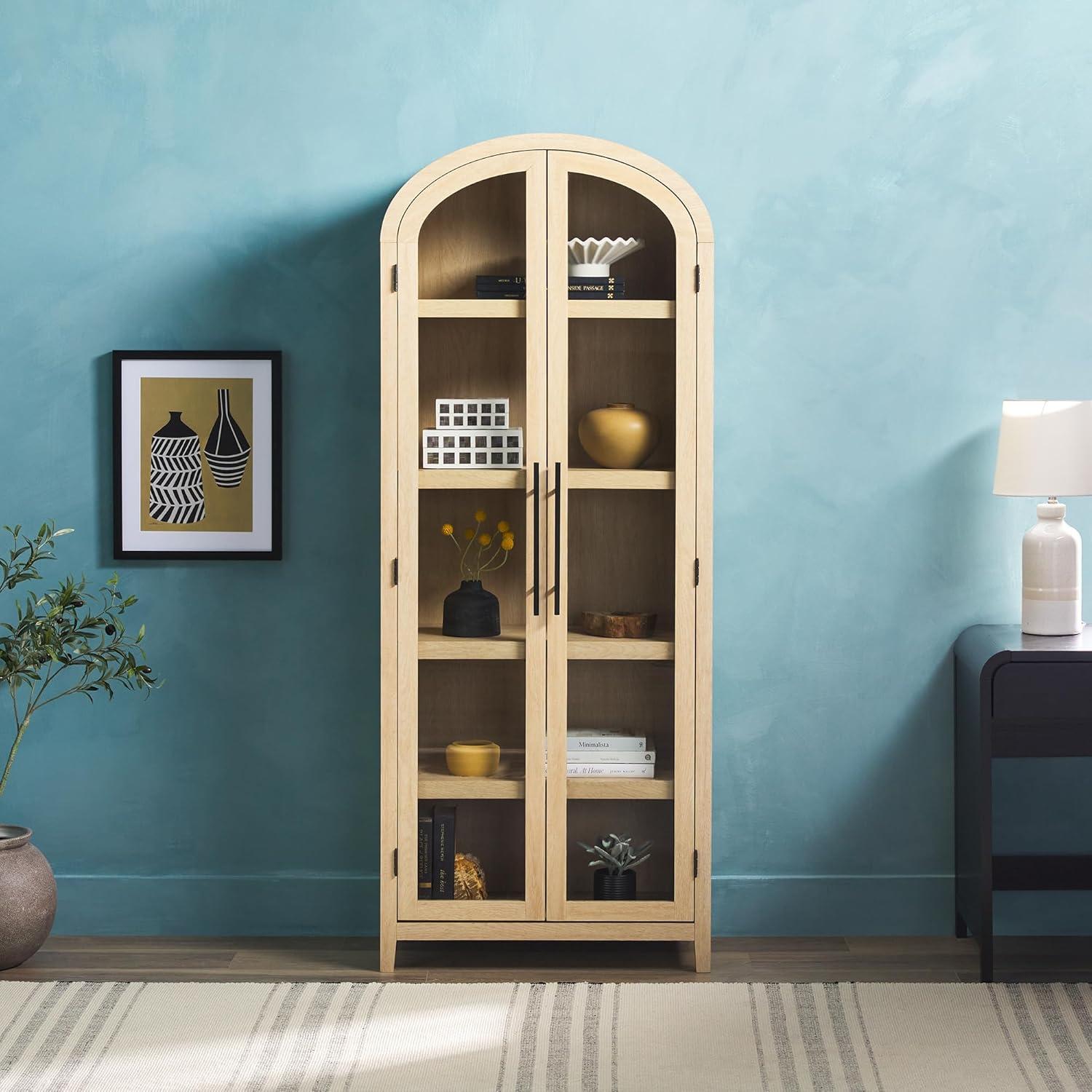 imageWalker Edison Chantelle Modern Arched Bookcase with Statement Wood Cabinet Pulls BlackCoastal Oak