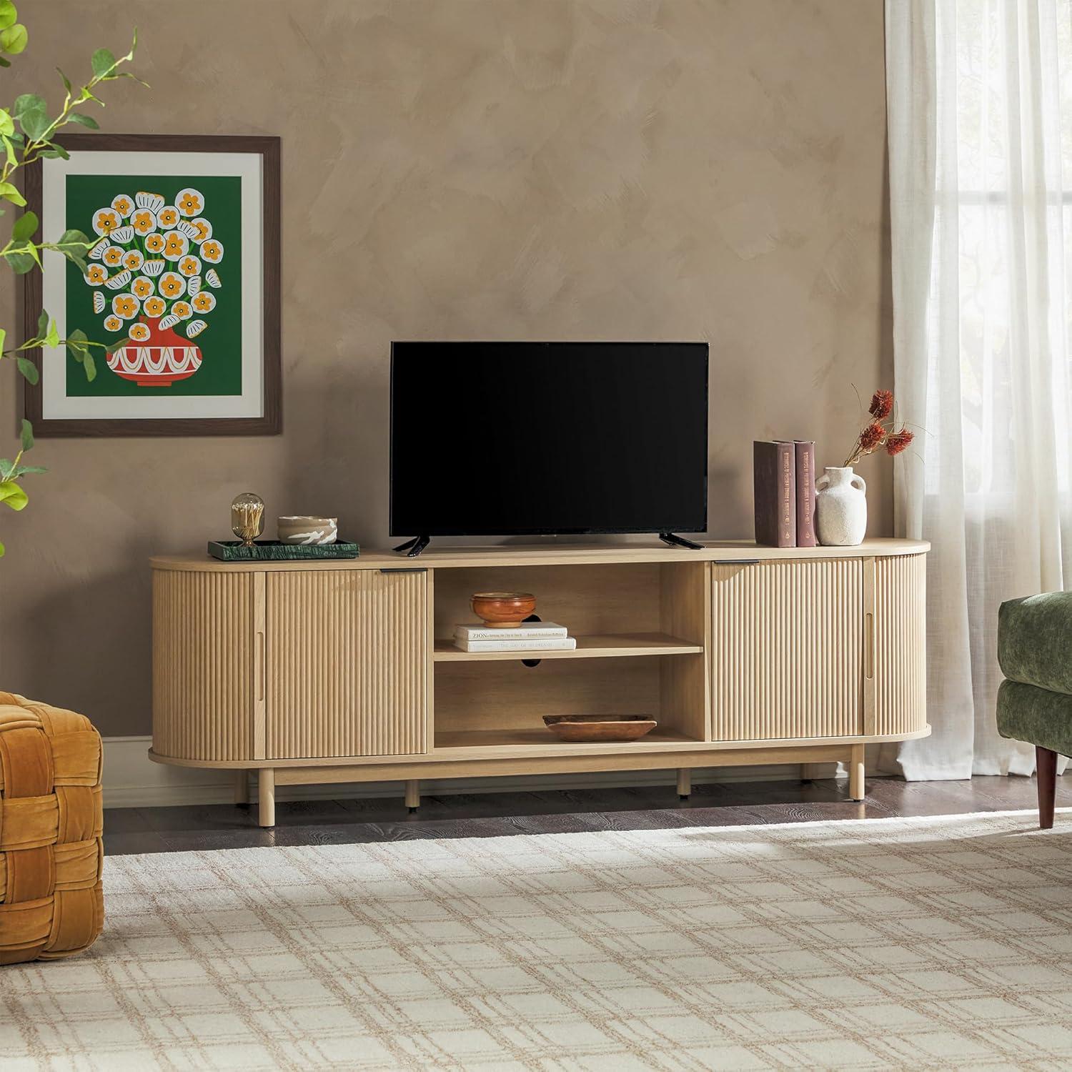imageWalker Edison Chloe Curved Reeded TV Stand Sliding Doors 65 Inch 60 inch MochaCoastal Oak