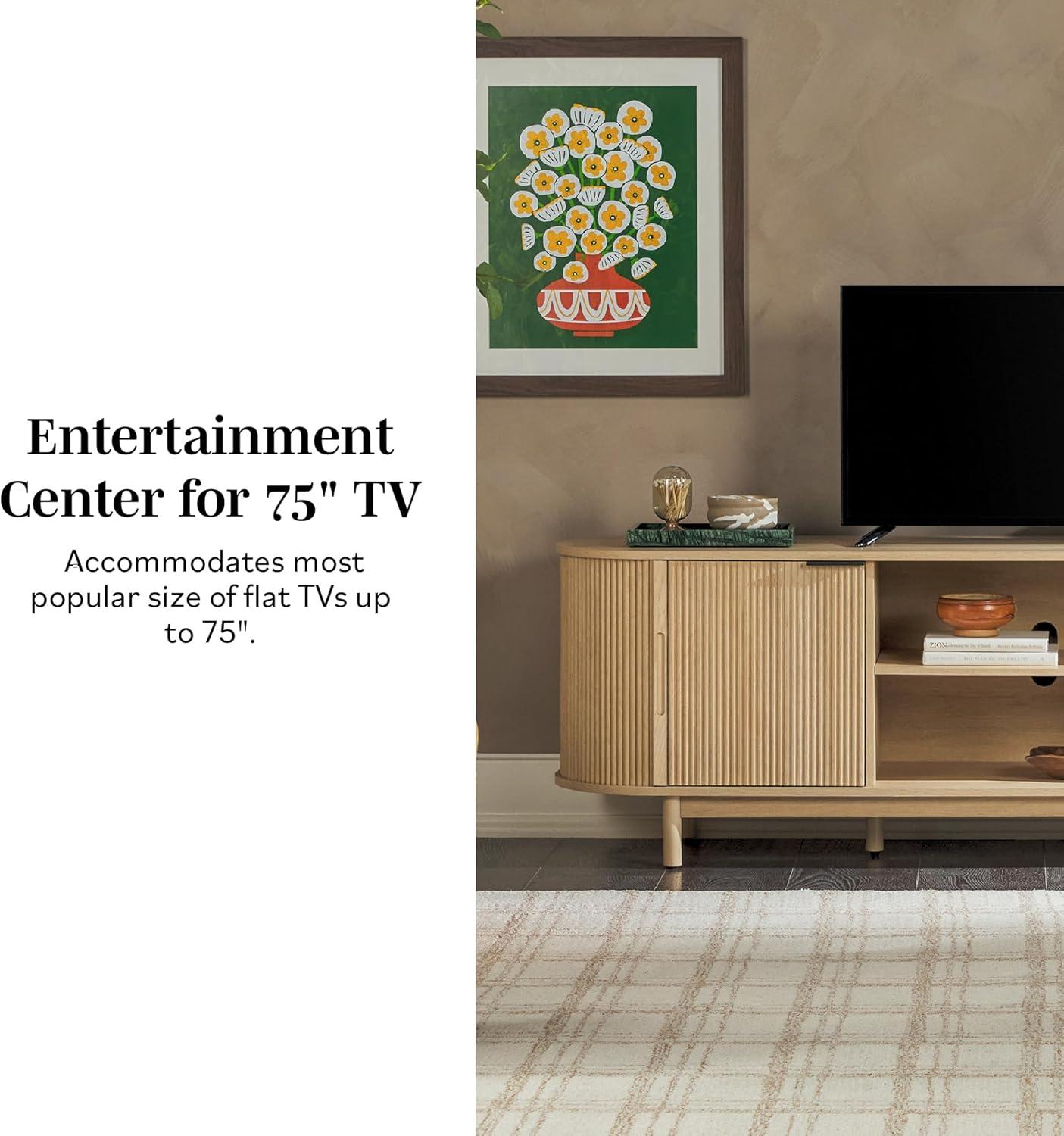 imageWalker Edison Chloe Curved Reeded TV Stand Sliding Doors 65 Inch 60 inch MochaCoastal Oak