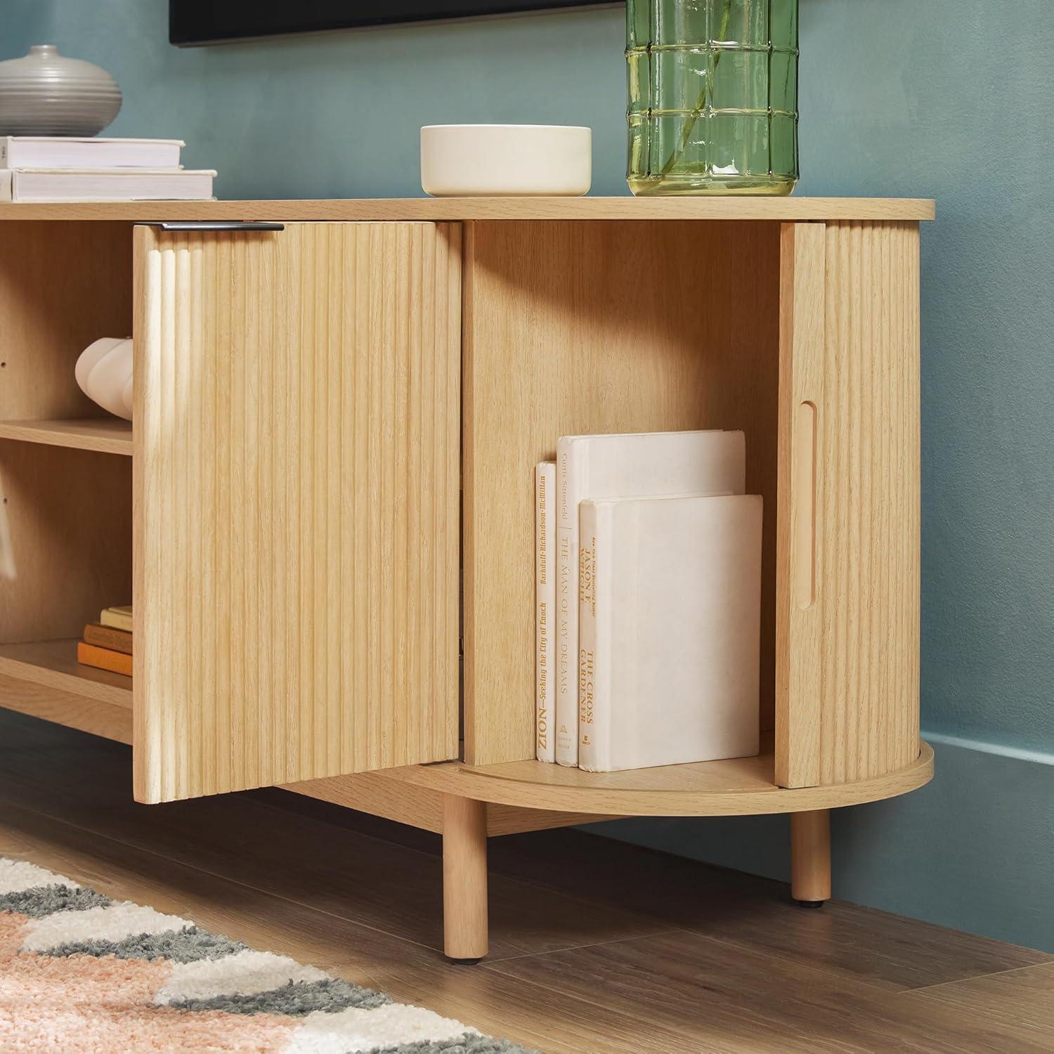 imageWalker Edison Chloe Curved Reeded TV Stand Sliding Doors 65 Inch 60 inch MochaCoastal Oak