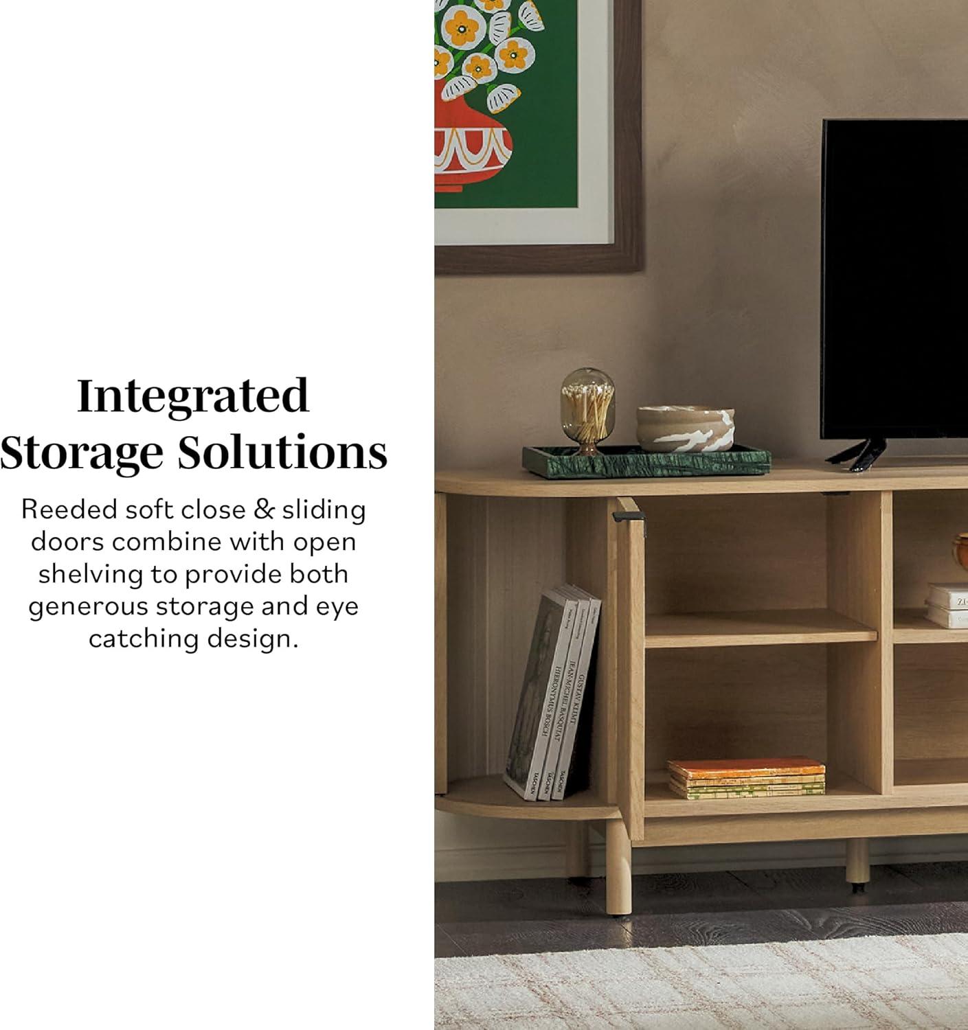 imageWalker Edison Chloe Curved Reeded TV Stand Sliding Doors 65 Inch 60 inch MochaCoastal Oak