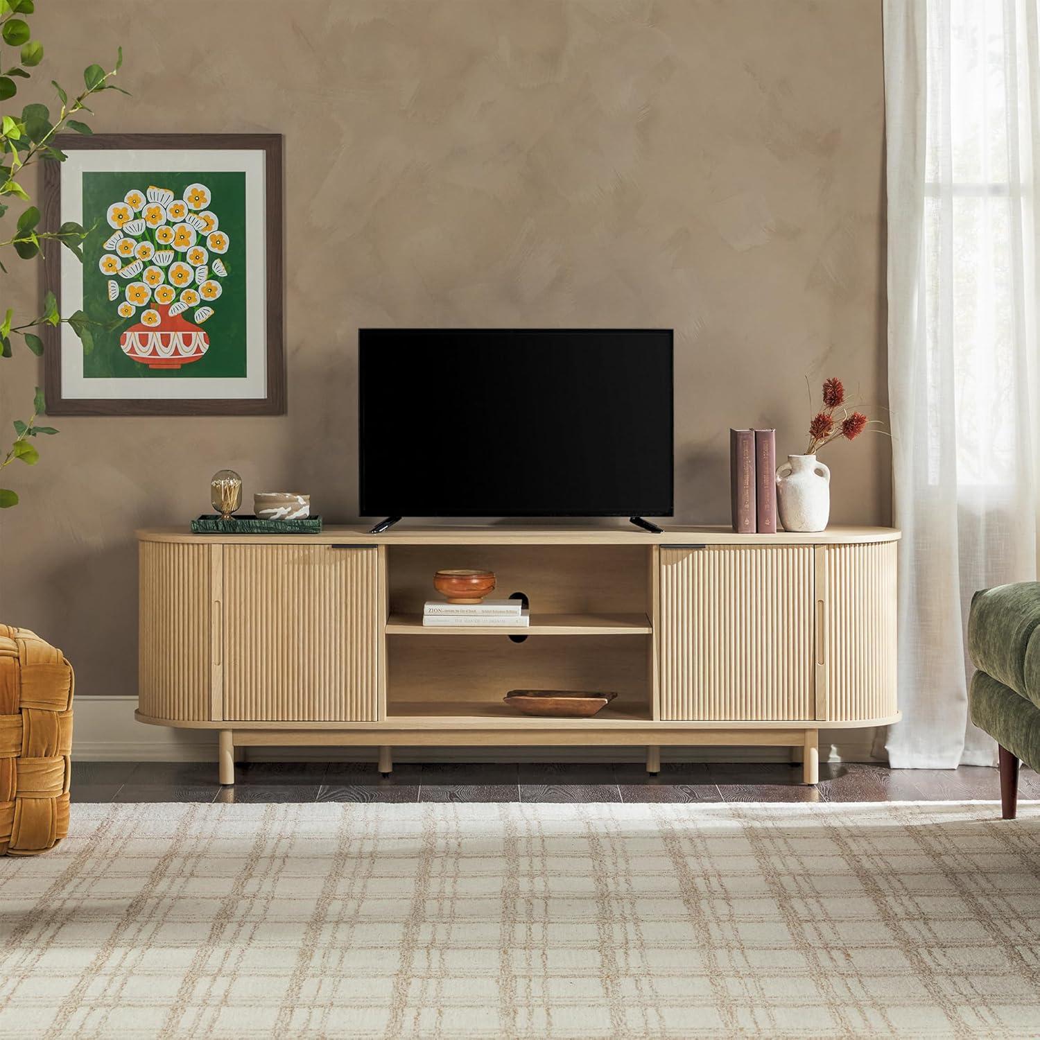 imageWalker Edison Chloe Curved Reeded TV Stand Sliding Doors 65 Inch 60 inch MochaCoastal Oak