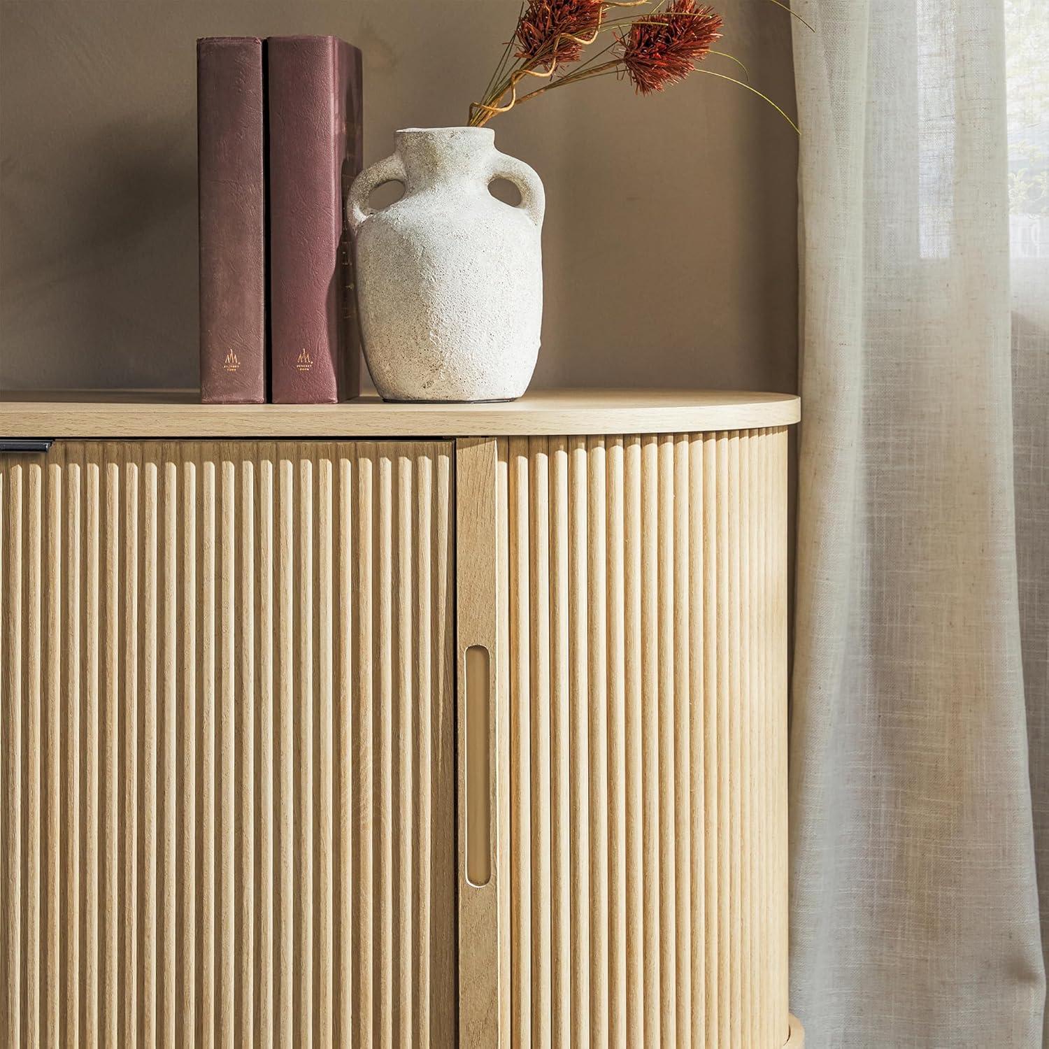 imageWalker Edison Chloe Curved Reeded TV Stand Sliding Doors 65 Inch 60 inch MochaCoastal Oak