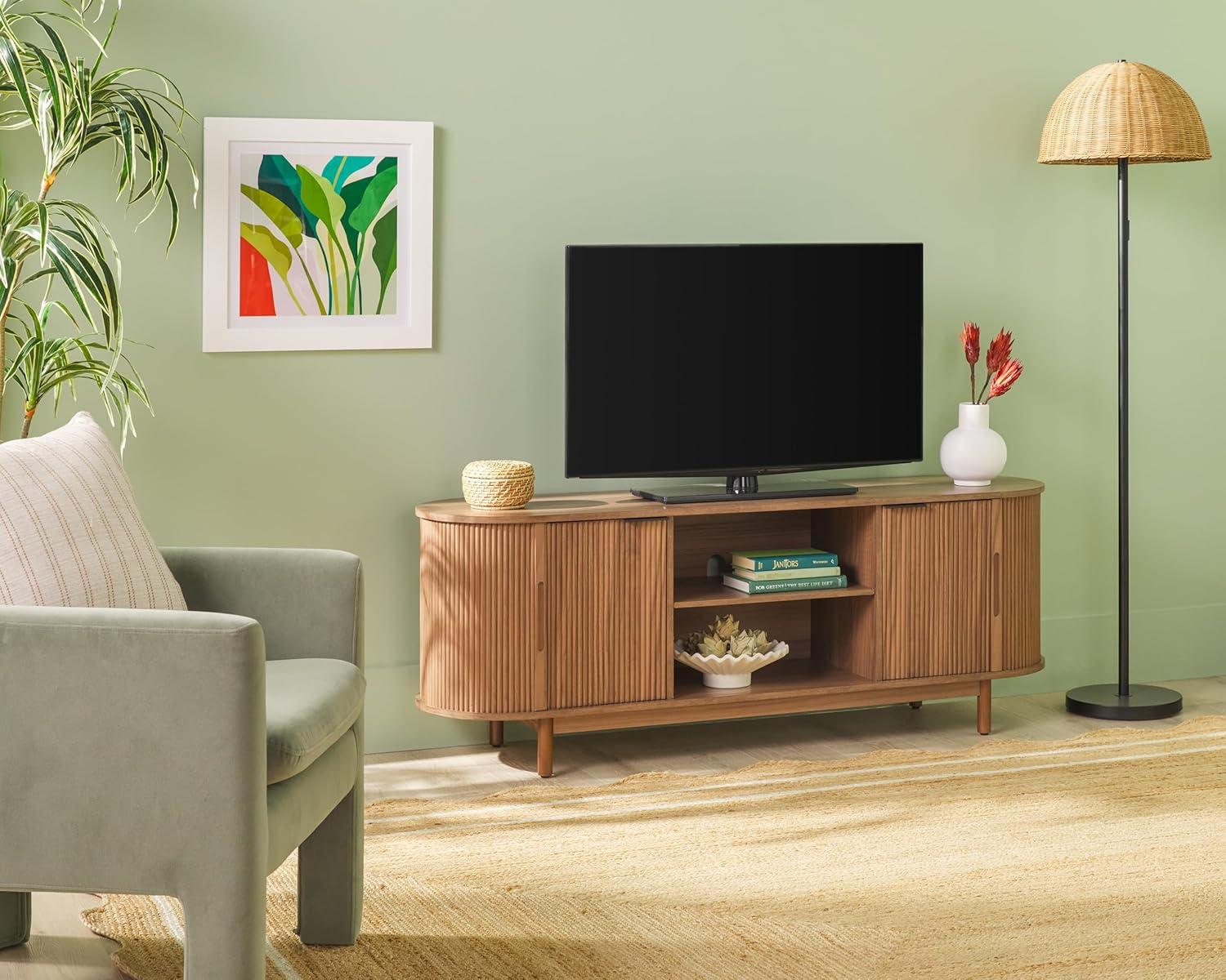 imageWalker Edison Chloe Curved Reeded TV Stand Sliding Doors 65 Inch 60 inch MochaMocha