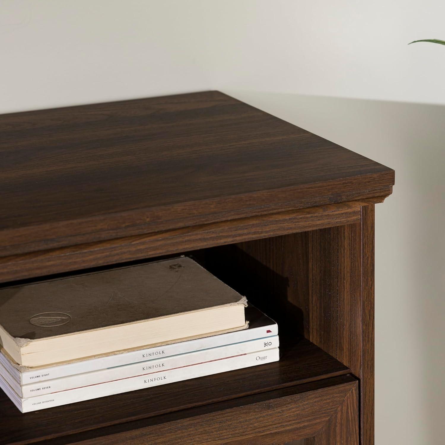 imageWalker Edison Classic Glass Door Universal TV Stand for TVs up to 64quot Flat Screen Living Room Storage Cabinet Doors and Shelves Entertainment Center 58 Inch White OakDark Walnut