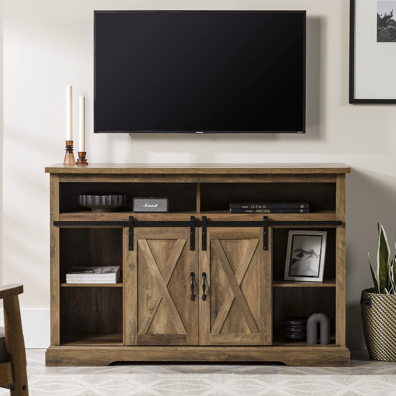 imageWalker Edison Clayton Farmhouse Sliding Double Barn Door TV Stand for TVs up to 58 Inches 52 Inch Solid WhiteRustic Oak