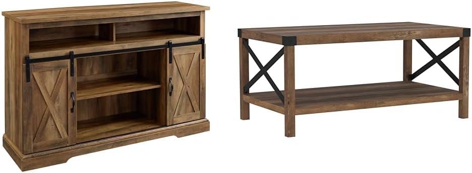 imageWalker Edison Clayton Farmhouse Sliding Double Barn Door TV Stand for TVs up to 58 Inches 52 Inch Solid WhiteRustic Oak