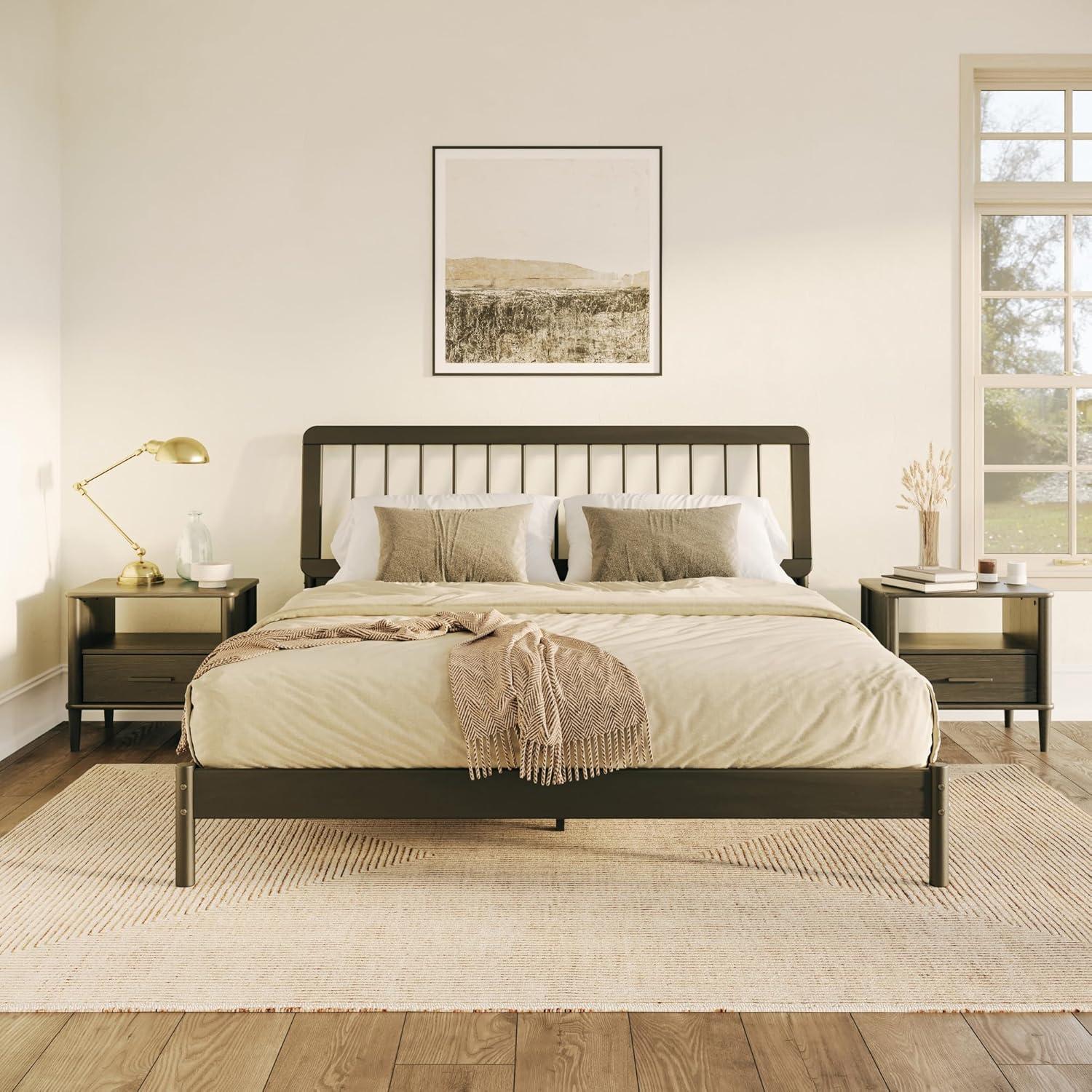 imageWalker Edison Clemente MidCentury Modern Spindle Headboard Queen Bedframe Queen Size CaramelBlack