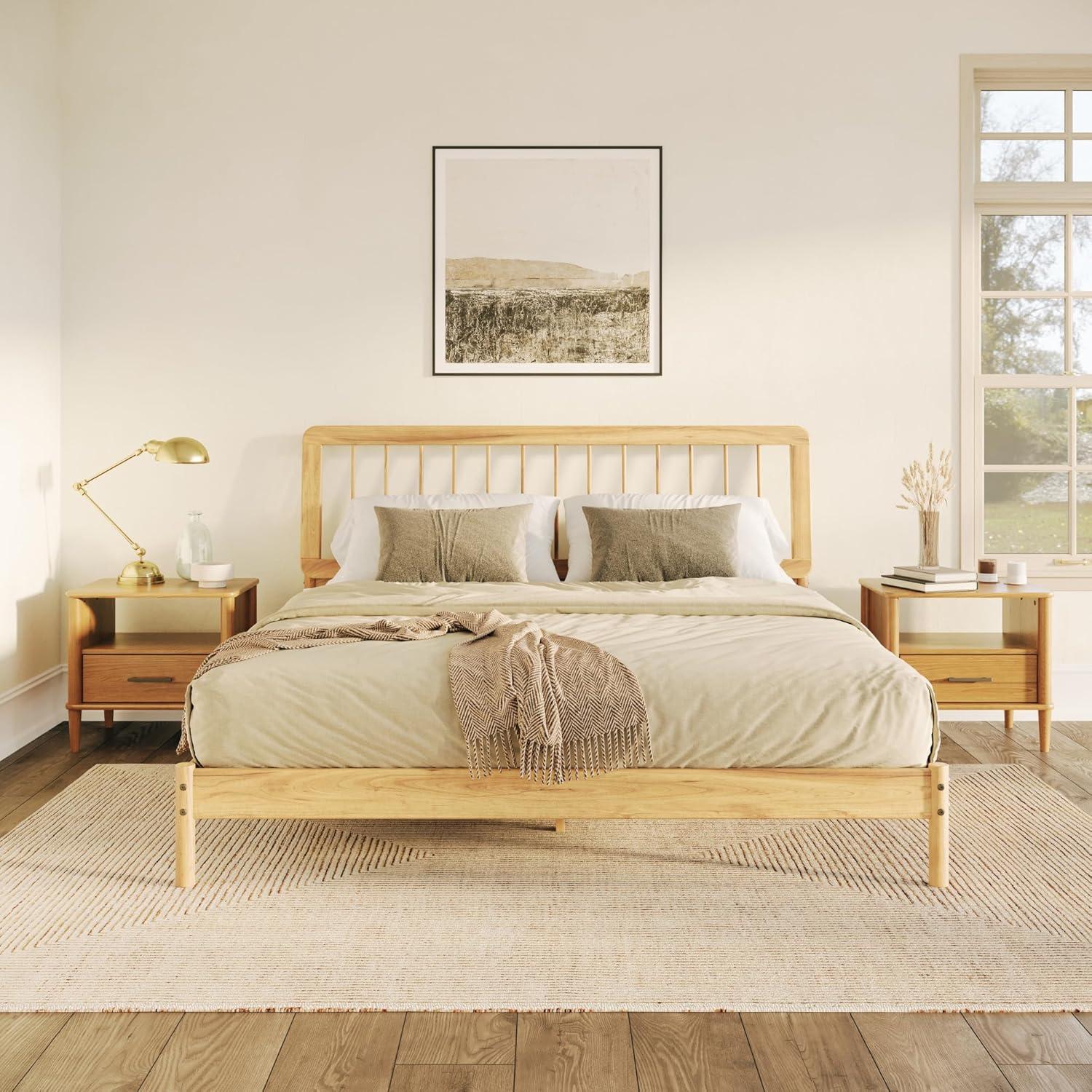 imageWalker Edison Clemente MidCentury Modern Spindle Headboard Queen Bedframe Queen Size CaramelNatural Pine
