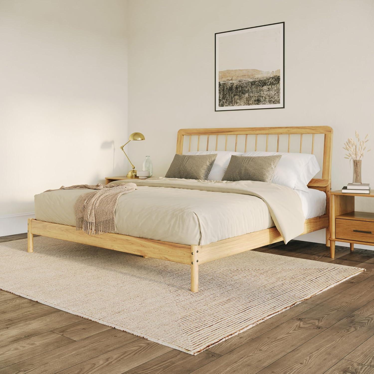imageWalker Edison Clemente MidCentury Modern Spindle Headboard Queen Bedframe Queen Size CaramelNatural Pine
