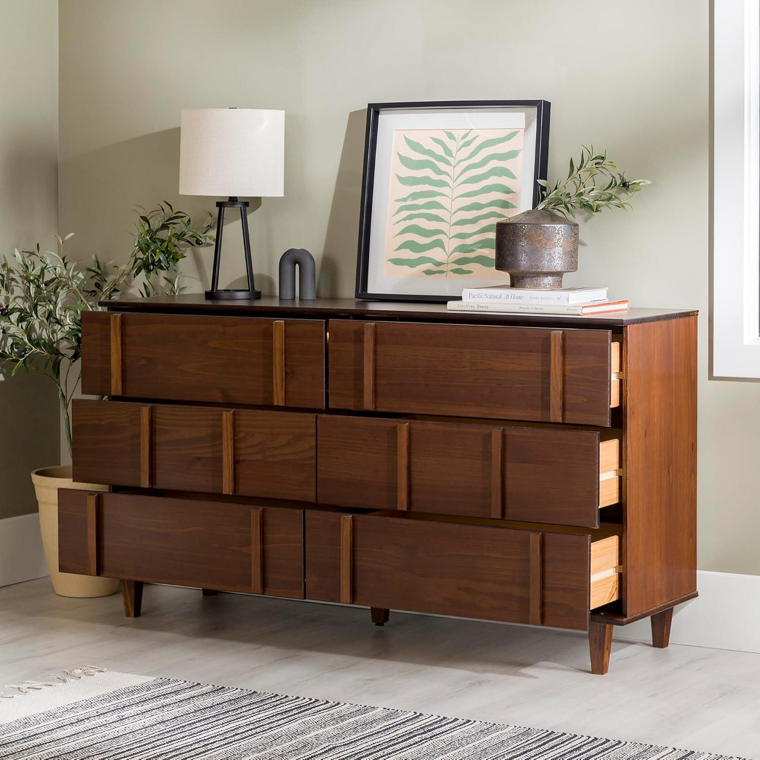 imageWalker Edison Contemporary Detailed 6Drawer Solid Wood Dresser 60 Inch CaramelWalnutt
