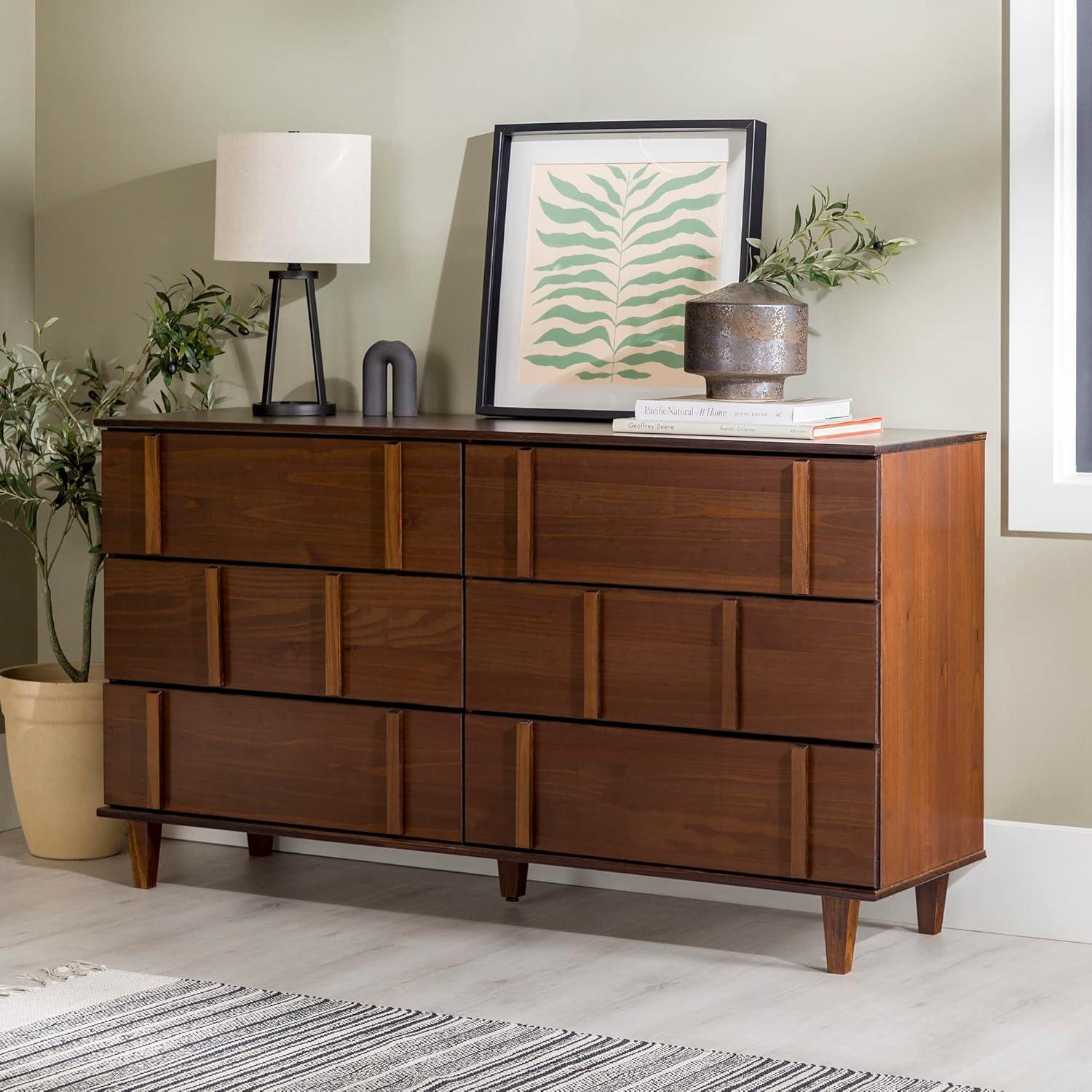 imageWalker Edison Contemporary Detailed 6Drawer Solid Wood Dresser 60 Inch CaramelWalnutt