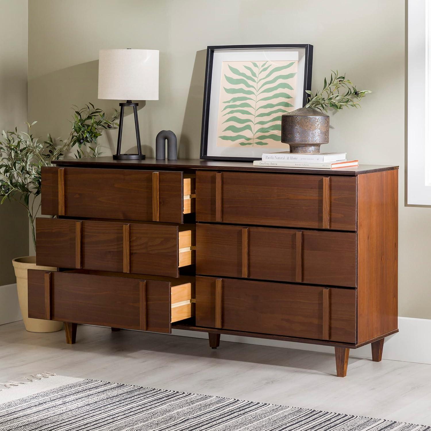 imageWalker Edison Contemporary Detailed 6Drawer Solid Wood Dresser 60 Inch CaramelWalnutt