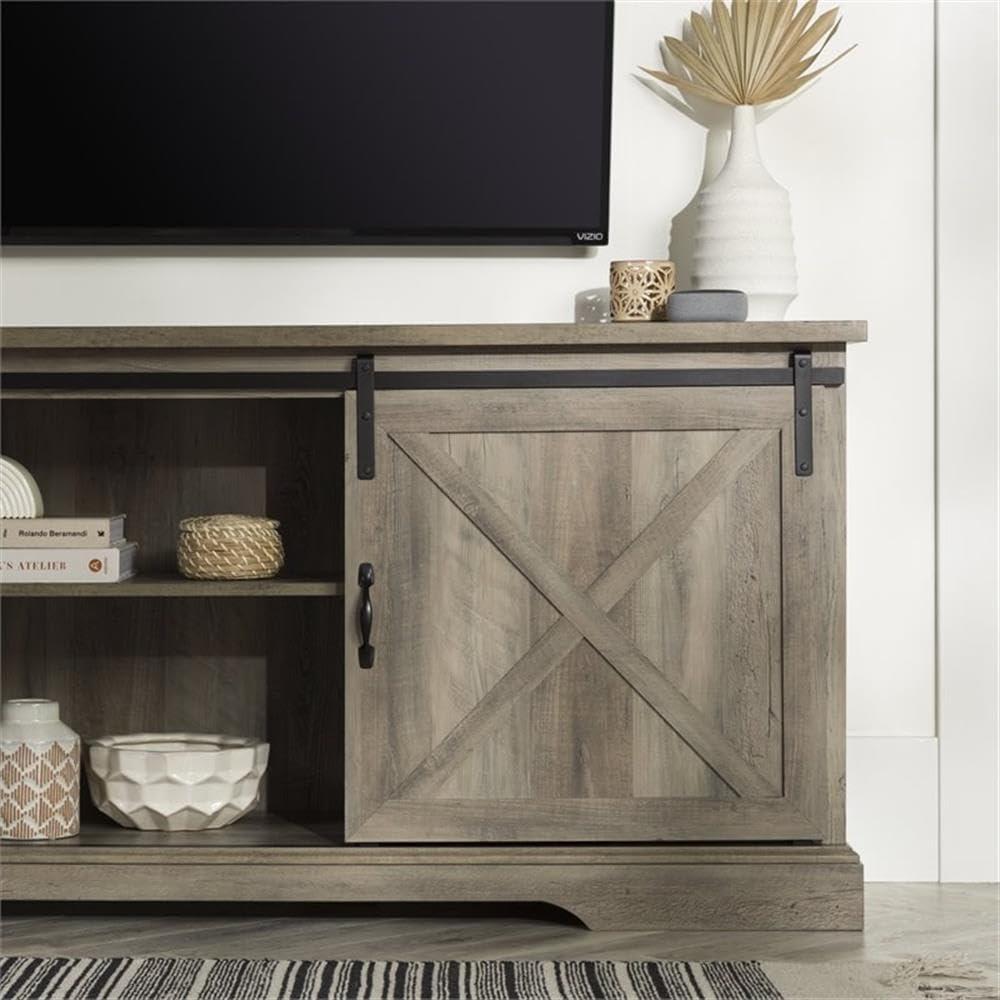 imageWalker Edison Corbin Modern Farmhouse Sliding X Barn Door TV Stand for TVs up to 80 Inches 70 Inch Reclaimed Barnwood and Brushed WhiteGrey Wash