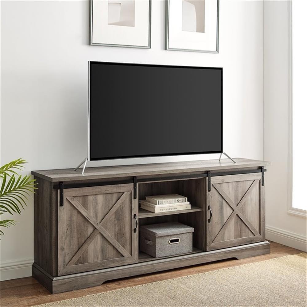 imageWalker Edison Corbin Modern Farmhouse Sliding X Barn Door TV Stand for TVs up to 80 Inches 70 Inch Reclaimed Barnwood and Brushed WhiteGrey Wash